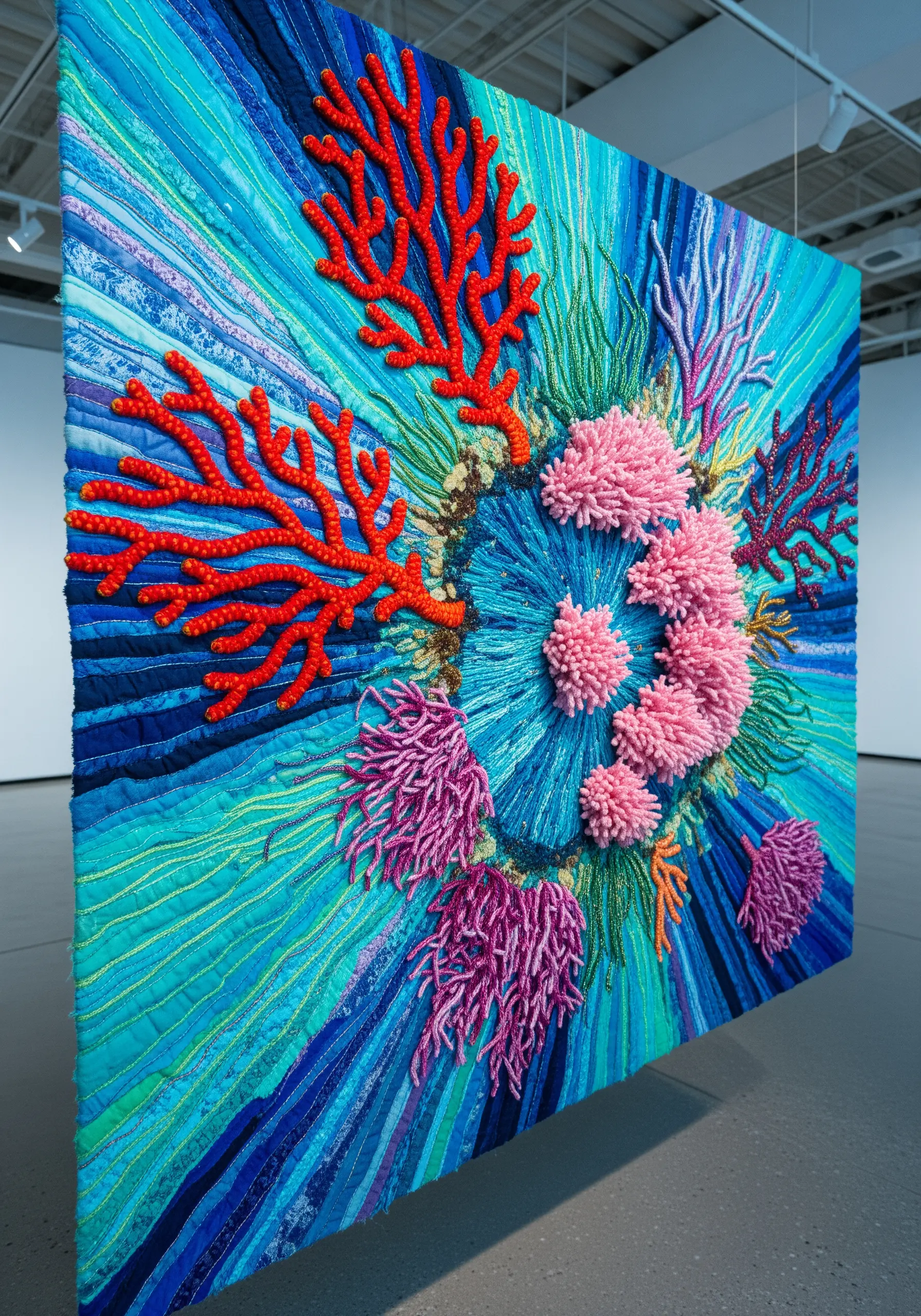 A vibrant, 3D coral reef textile art piece with highly textural stitches and embellishments.