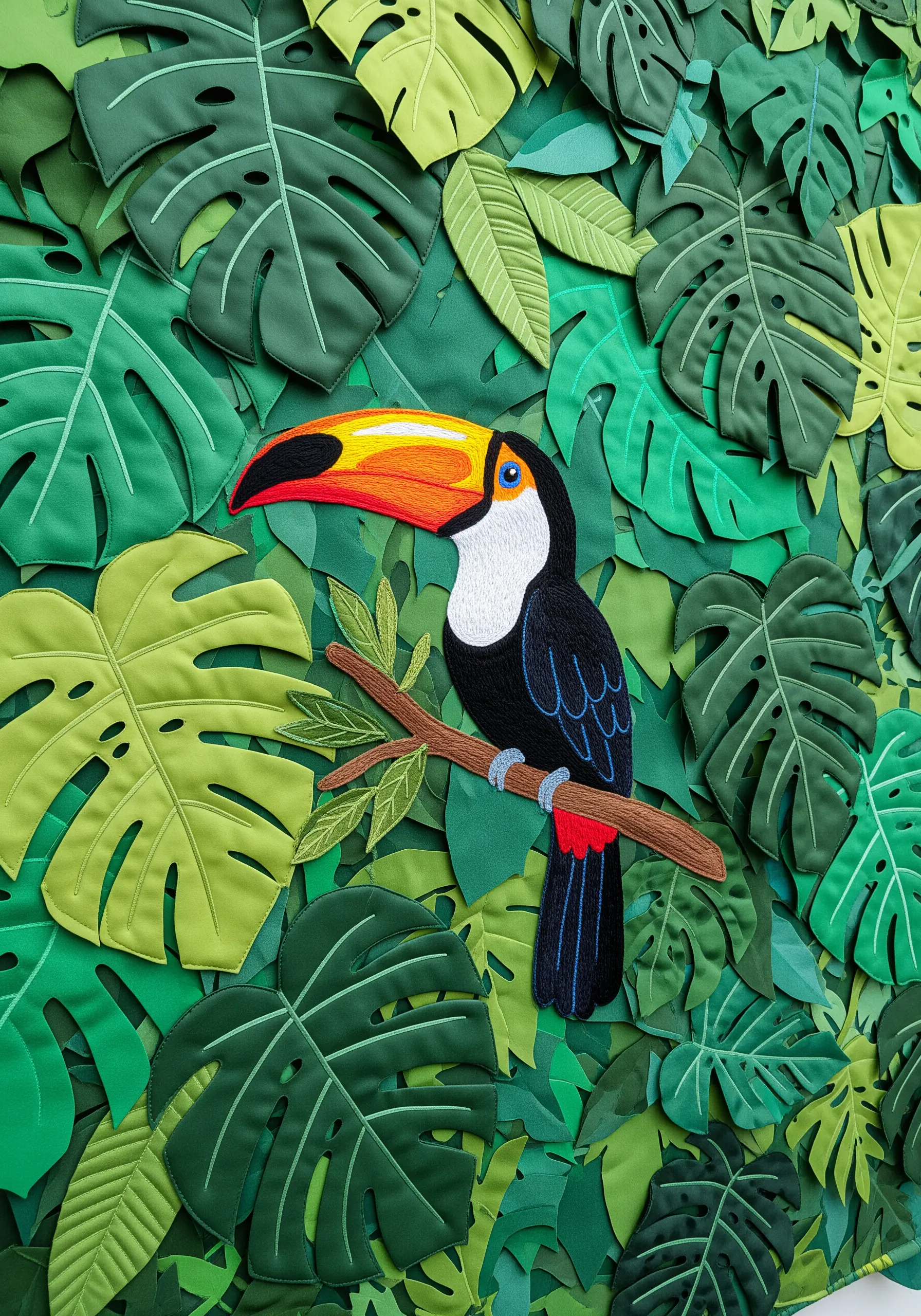 Embroidered toucan sitting on a branch against a background of layered green fabric leaves.