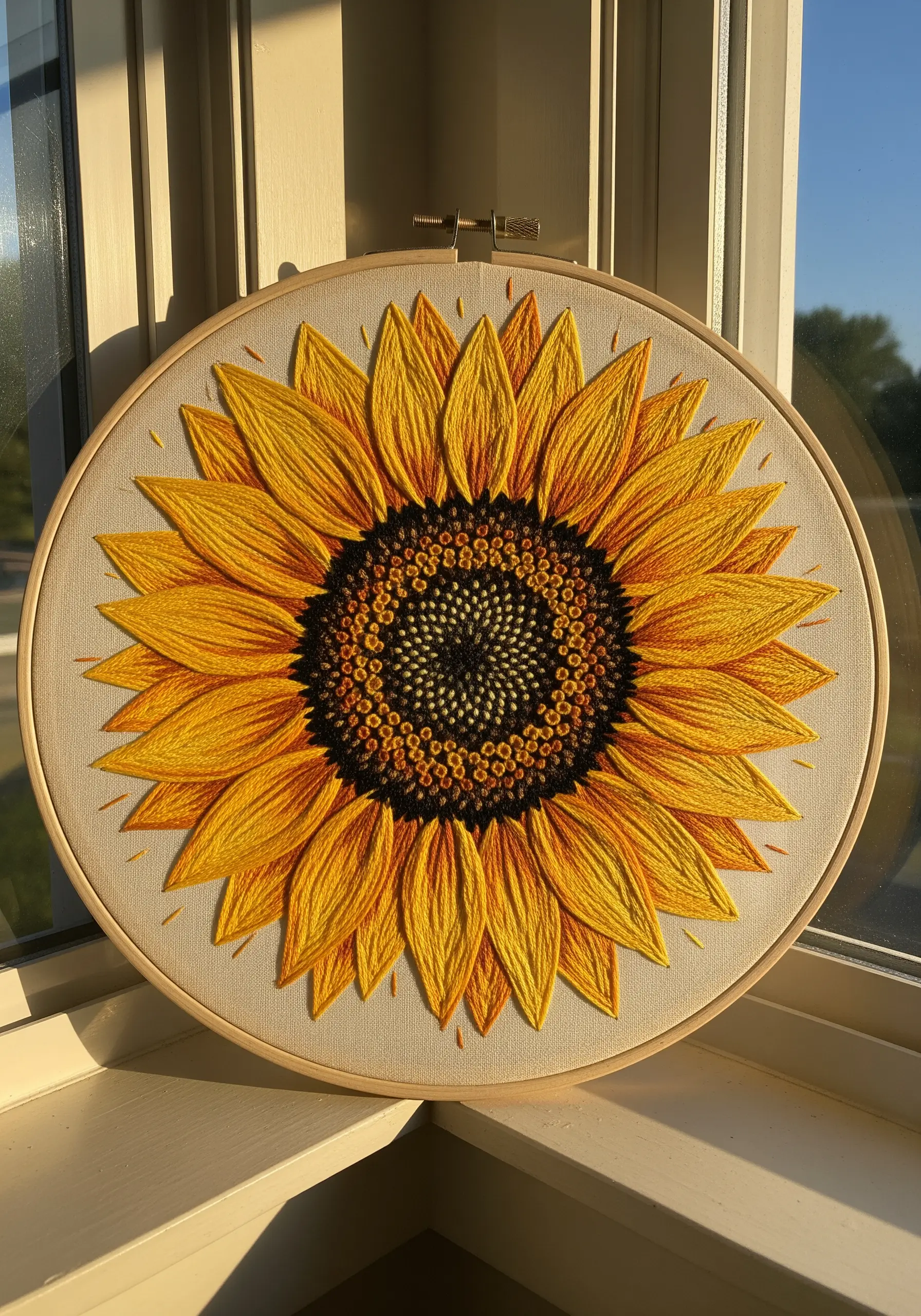 A large, vibrant embroidered sunflower with a densely knotted center catching sunlight.
