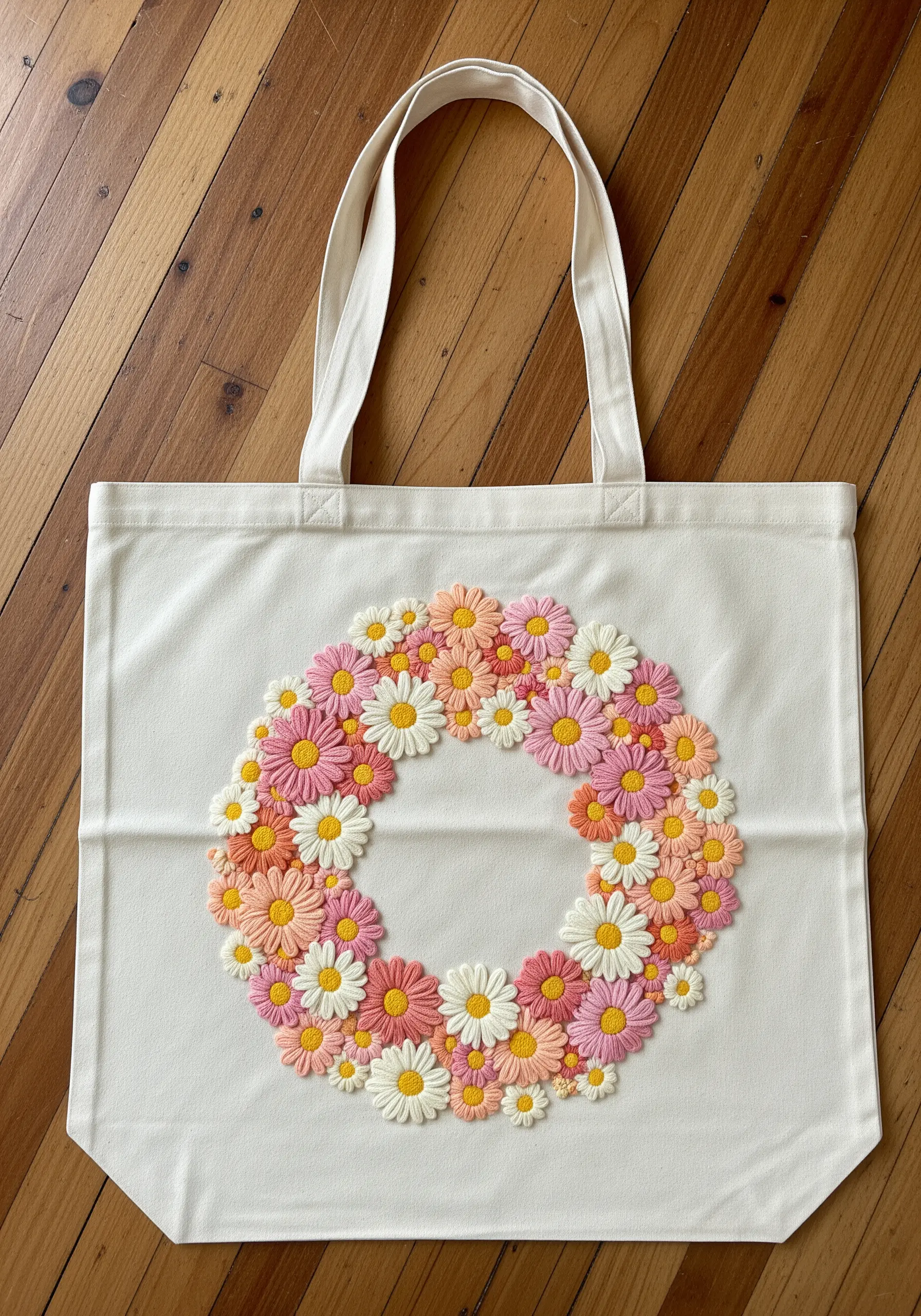A dense wreath of pink, peach, and white daisies clustered on a canvas tote bag.