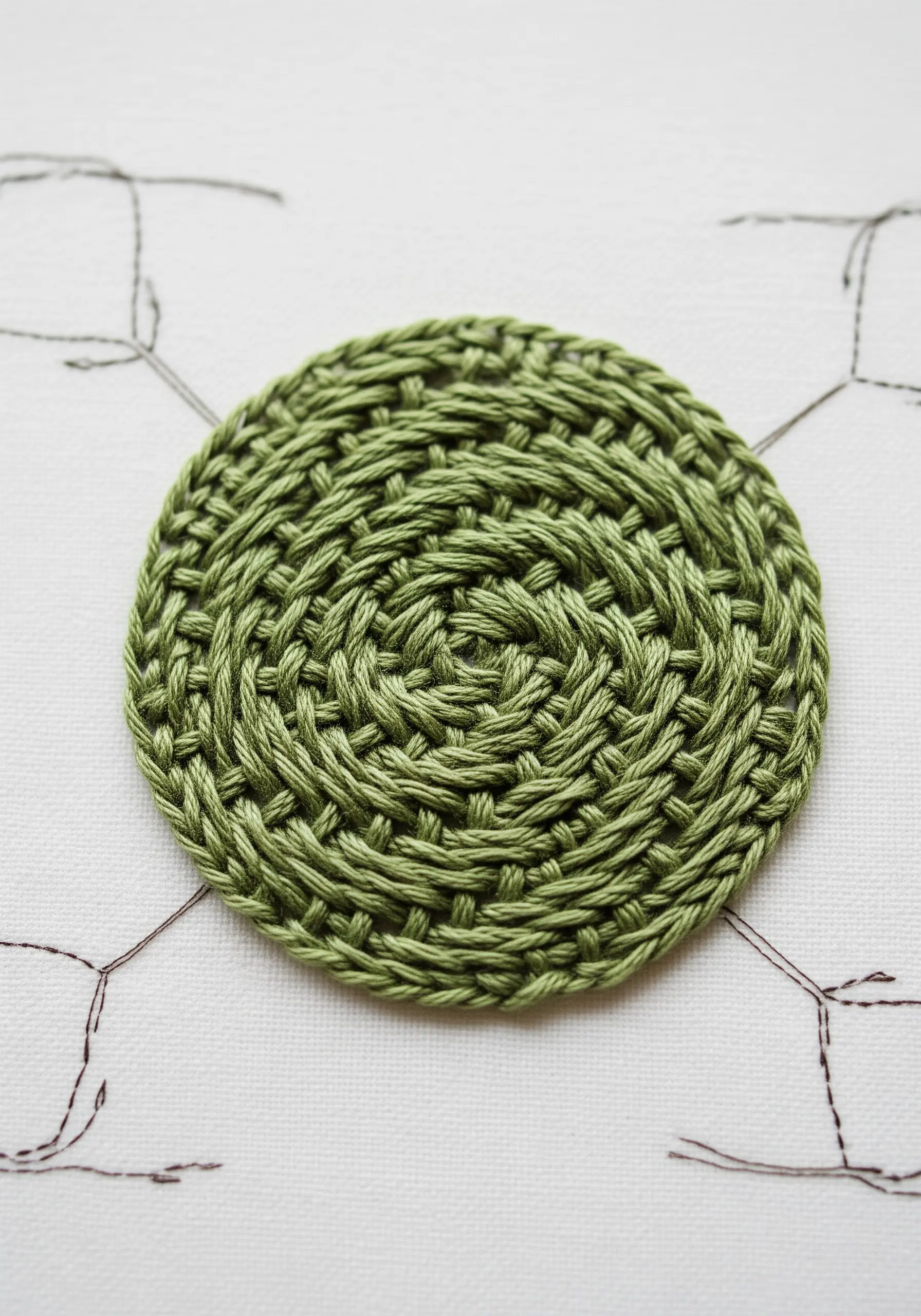 A close-up of a densely woven wheel stitch in olive green thread.