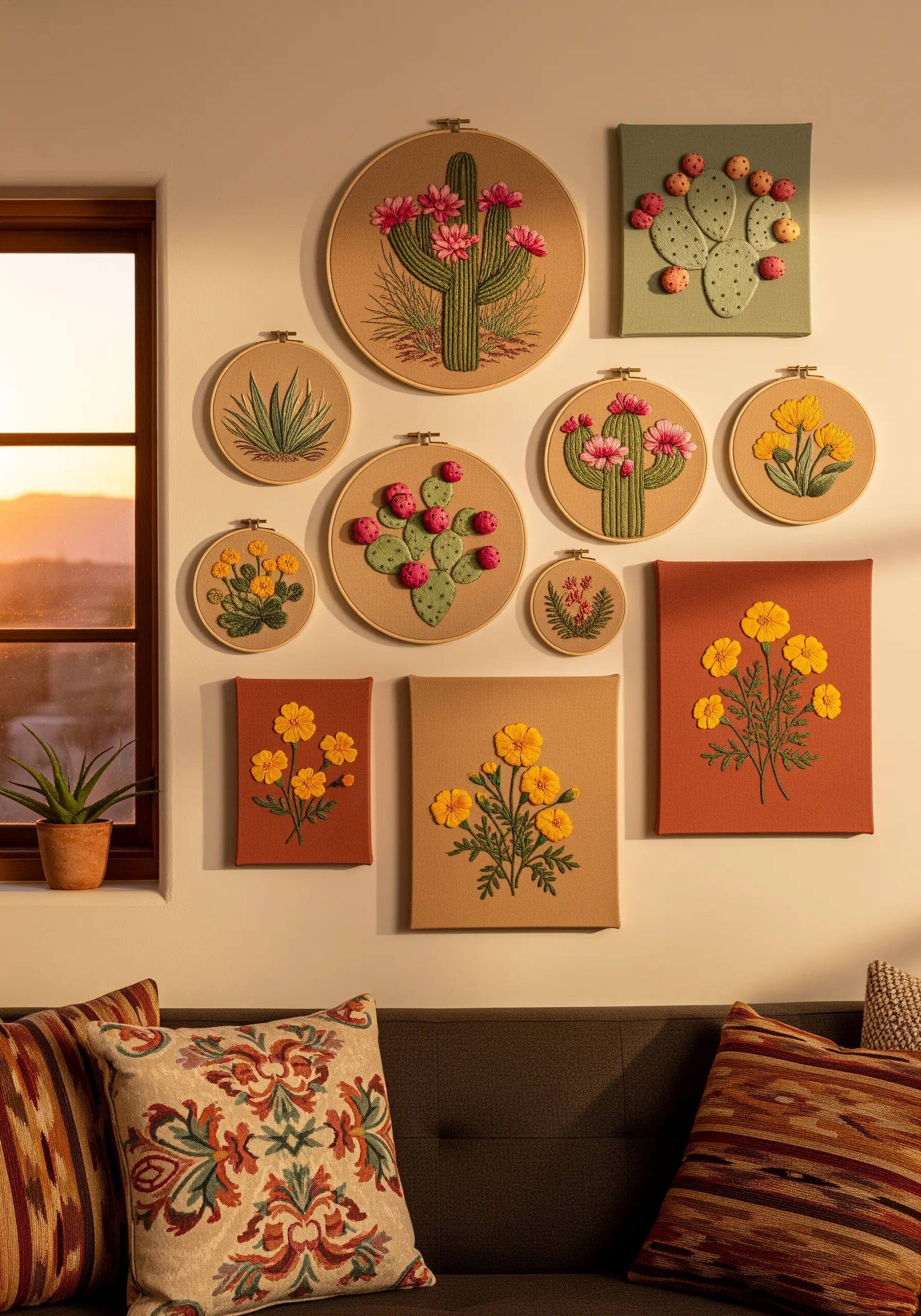 A gallery wall of embroidered desert plants like cacti and poppies in hoops and frames.