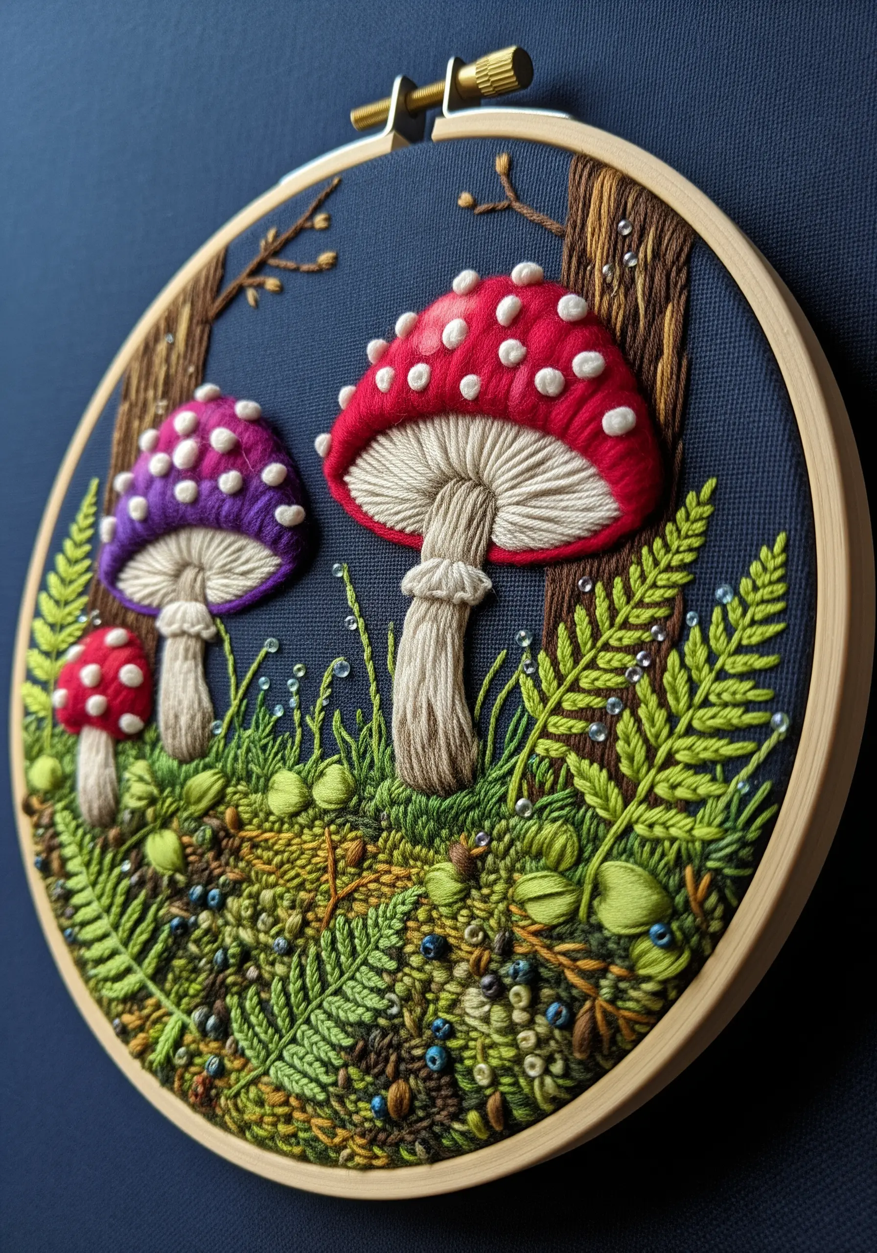 3D embroidered mushrooms with French knots, beads, and satin stitch on dark blue fabric.