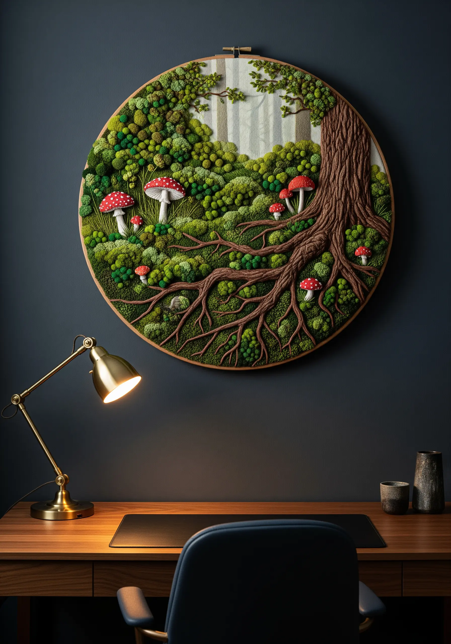 Embroidery hoop art of a 3D mossy forest floor with mushrooms and tree roots