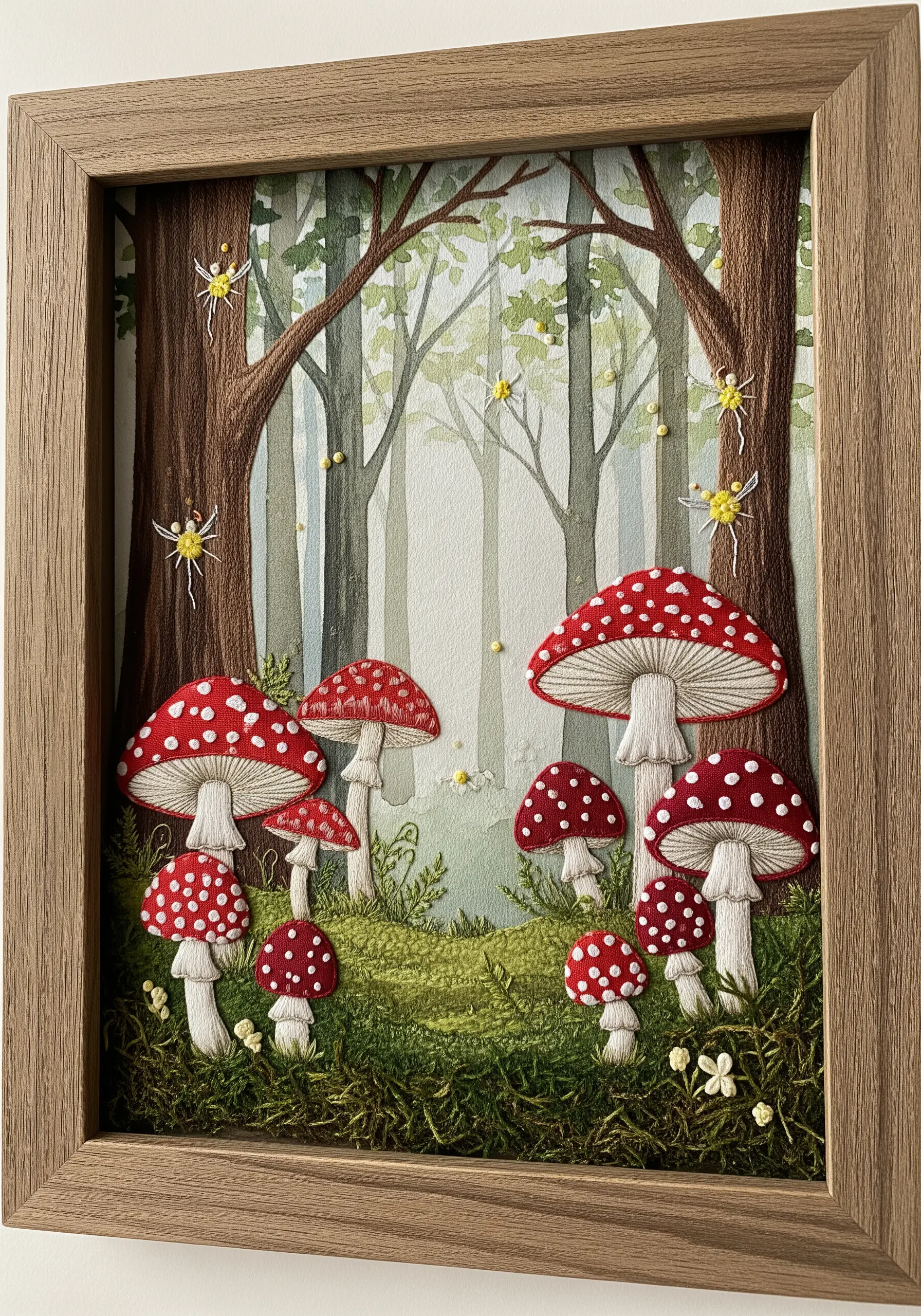 A shadow box with embroidered mushrooms, a watercolor forest background, and real moss.