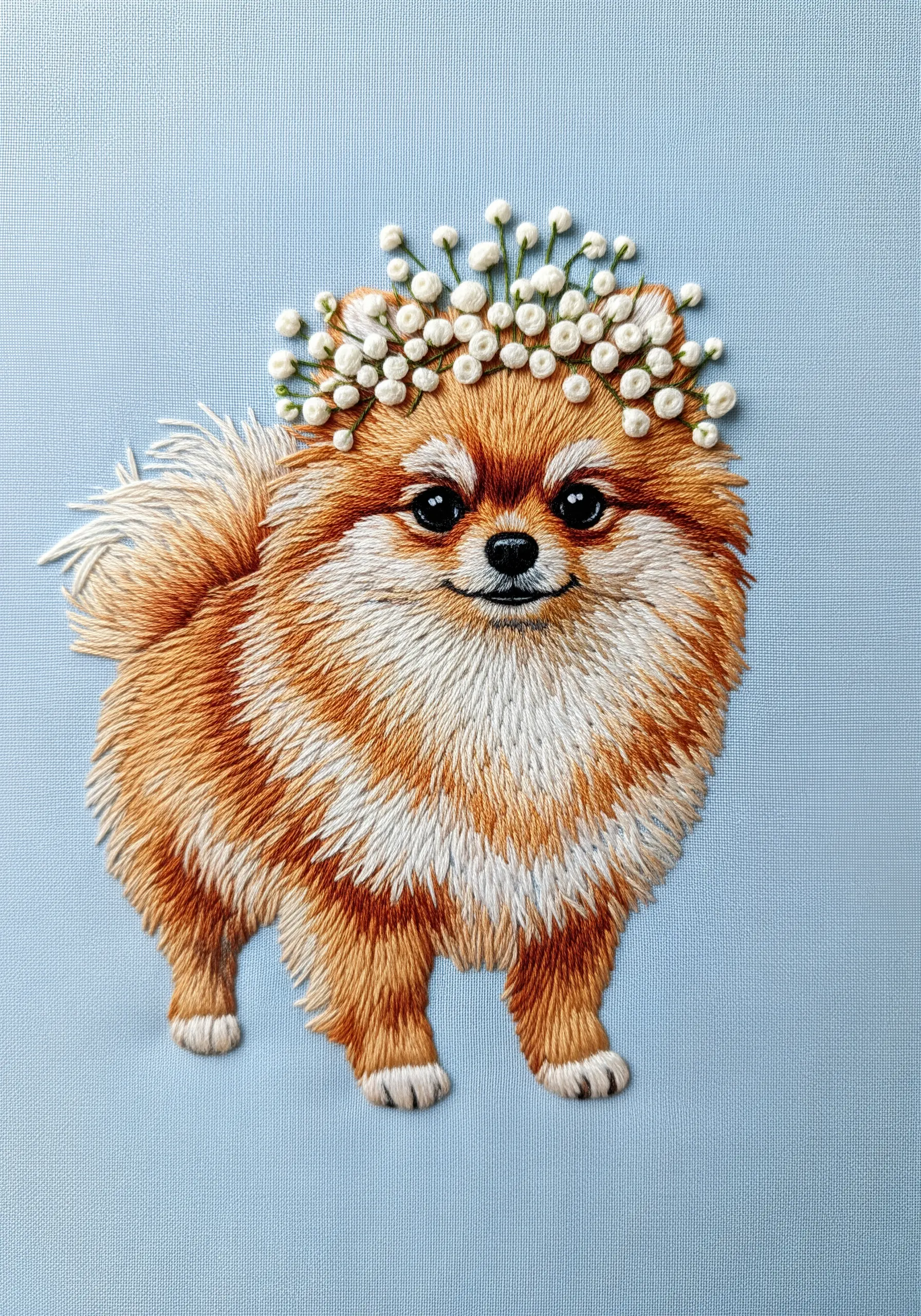 Fluffy embroidered Pomeranian with a crown of delicate white baby's breath flowers.