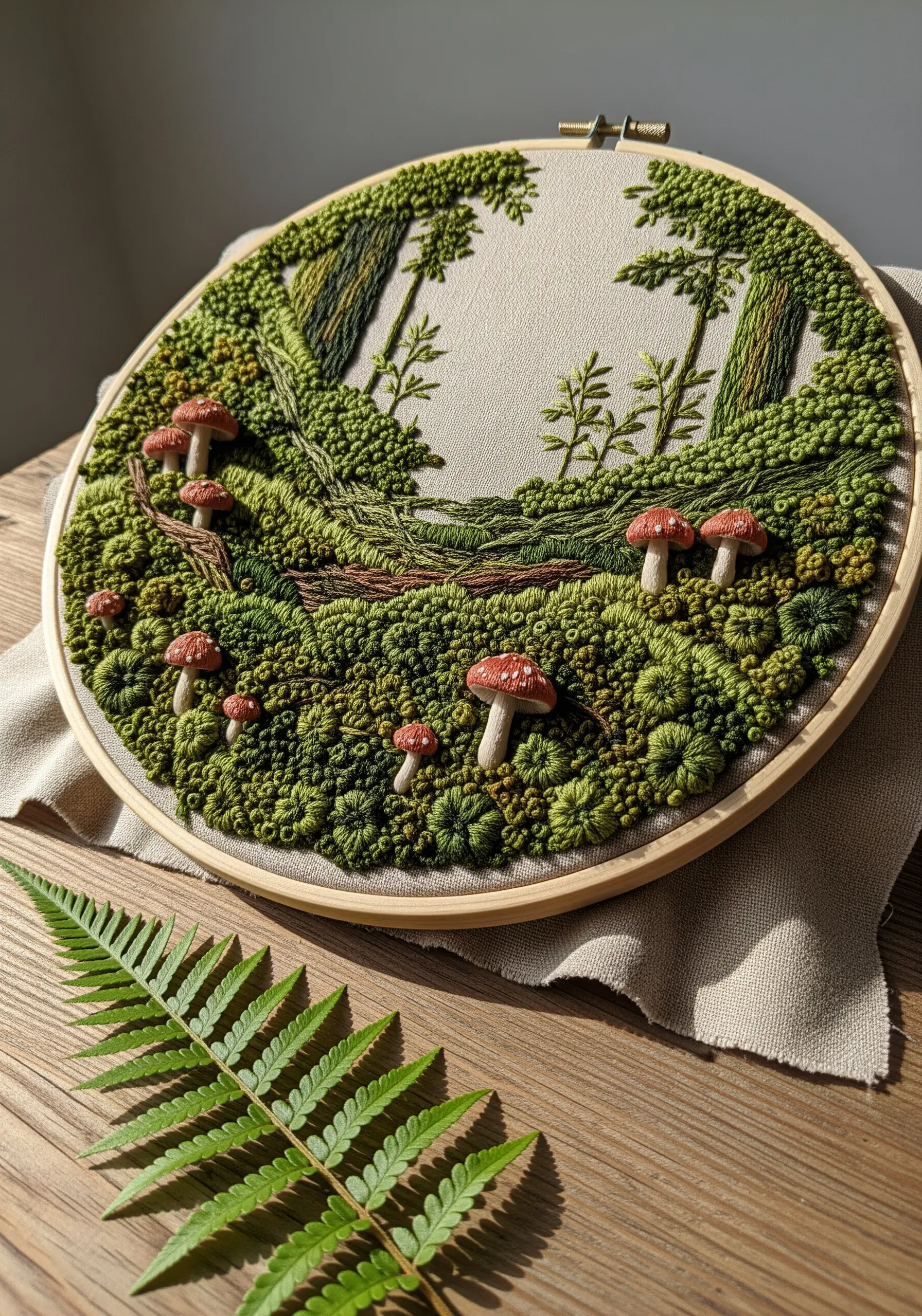 Dimensional embroidery of a mossy forest floor with mushrooms, using French knots.