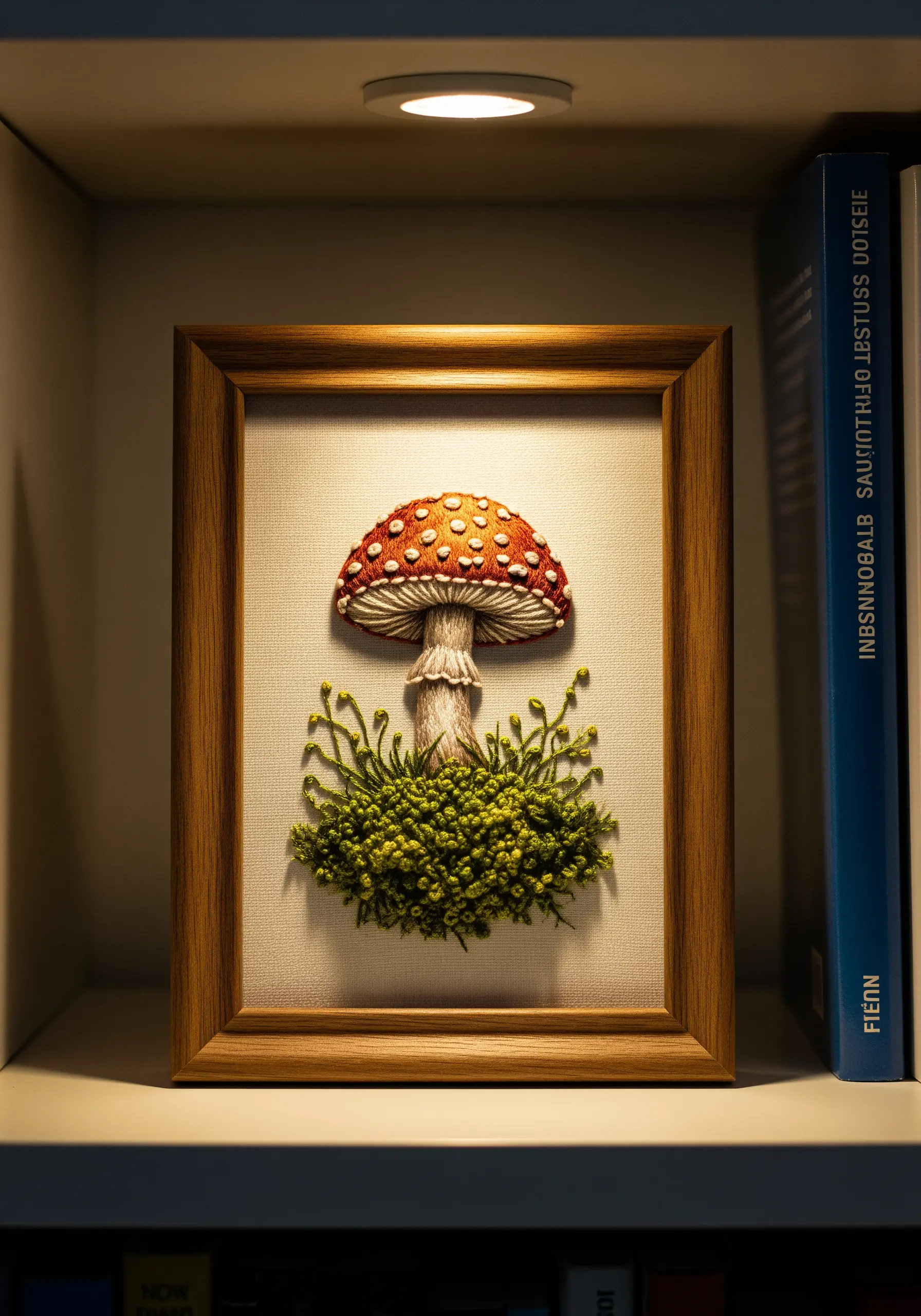 A framed embroidery of a red and white mushroom surrounded by a dense bed of green French knot moss.