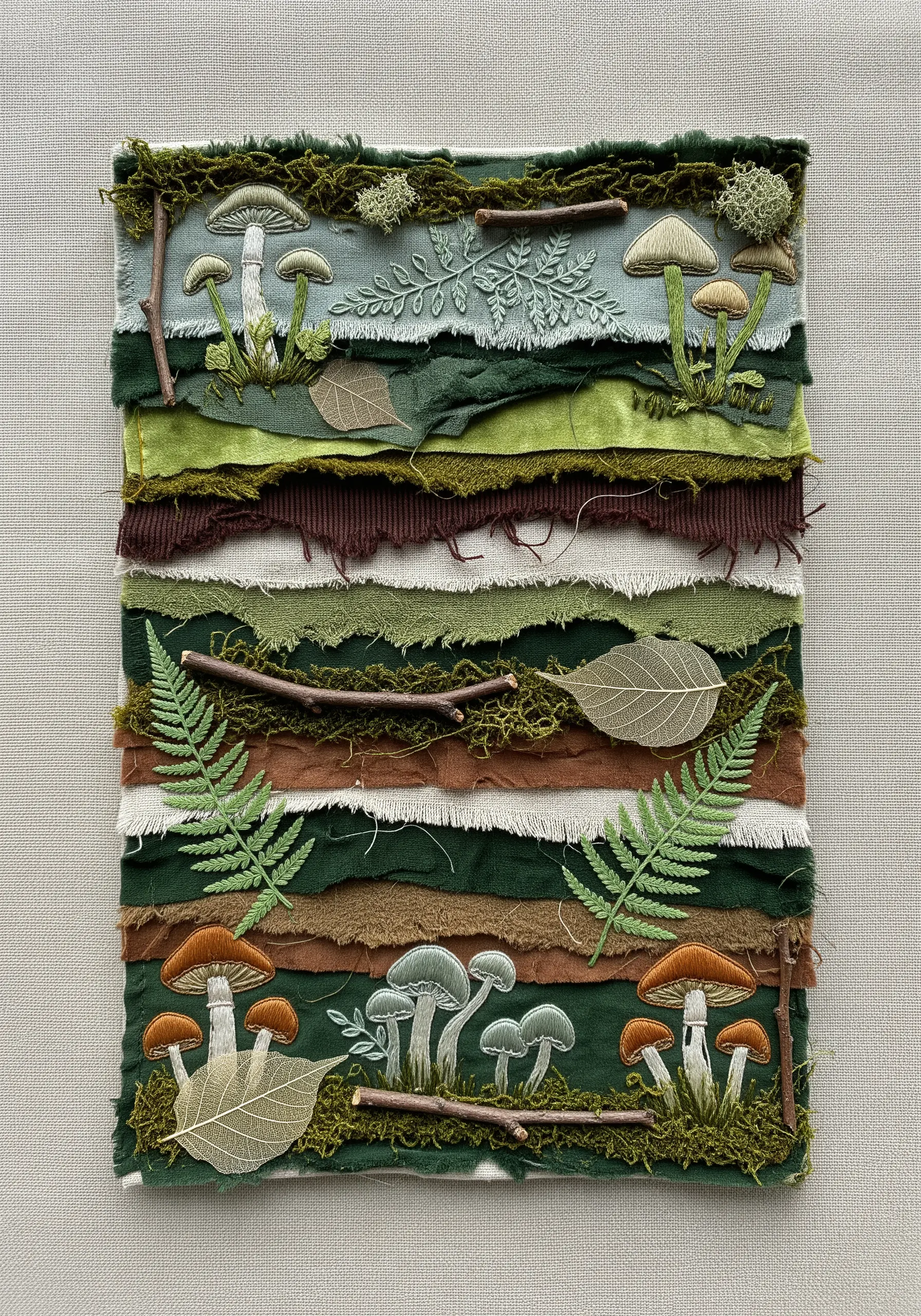 Embroidered mushrooms on a mixed-media collage of green and brown fabrics, moss, and twigs.