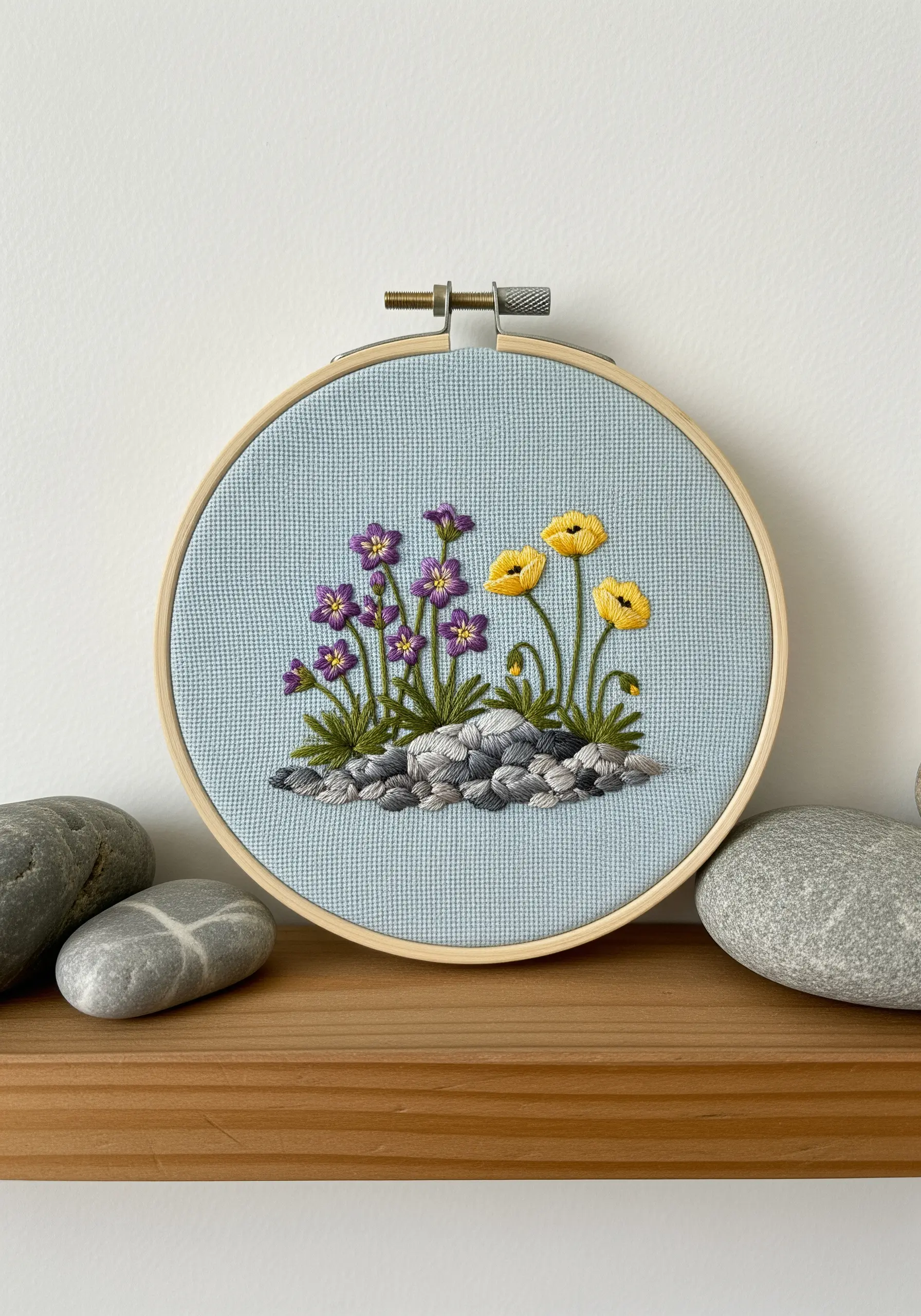 Small embroidery hoop with purple and yellow wildflowers growing between stitched grey stones.