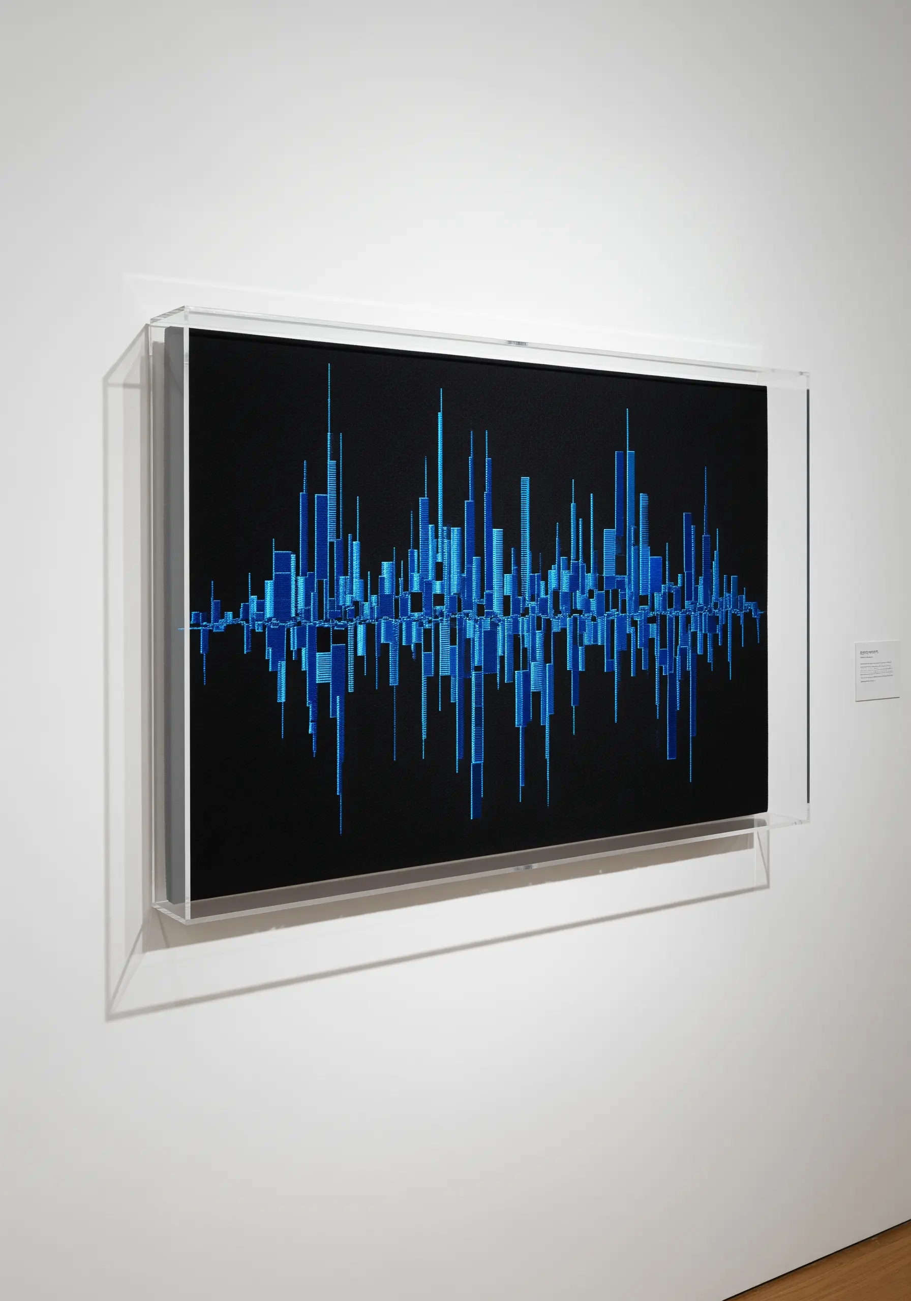 An abstract cityscape made of blue metallic threads on a black background, displayed in an acrylic case.