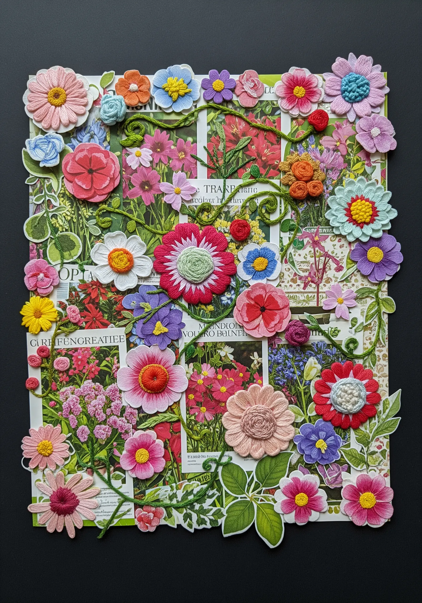 A dense collage of paper flowers mixed with richly textured embroidered flowers.