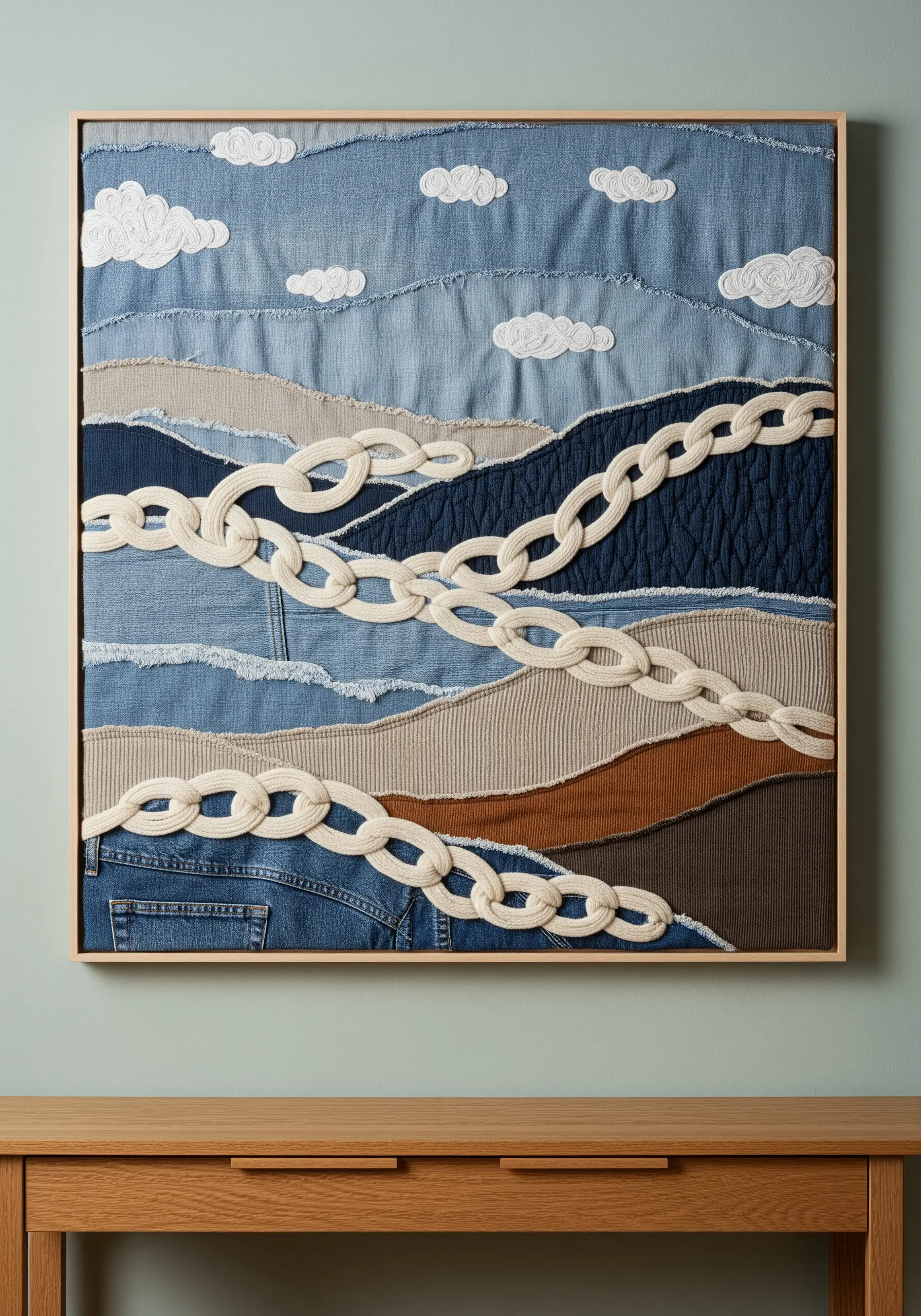 Framed wall art with layered denim scraps, rope appliqué chain, and embroidered clouds.