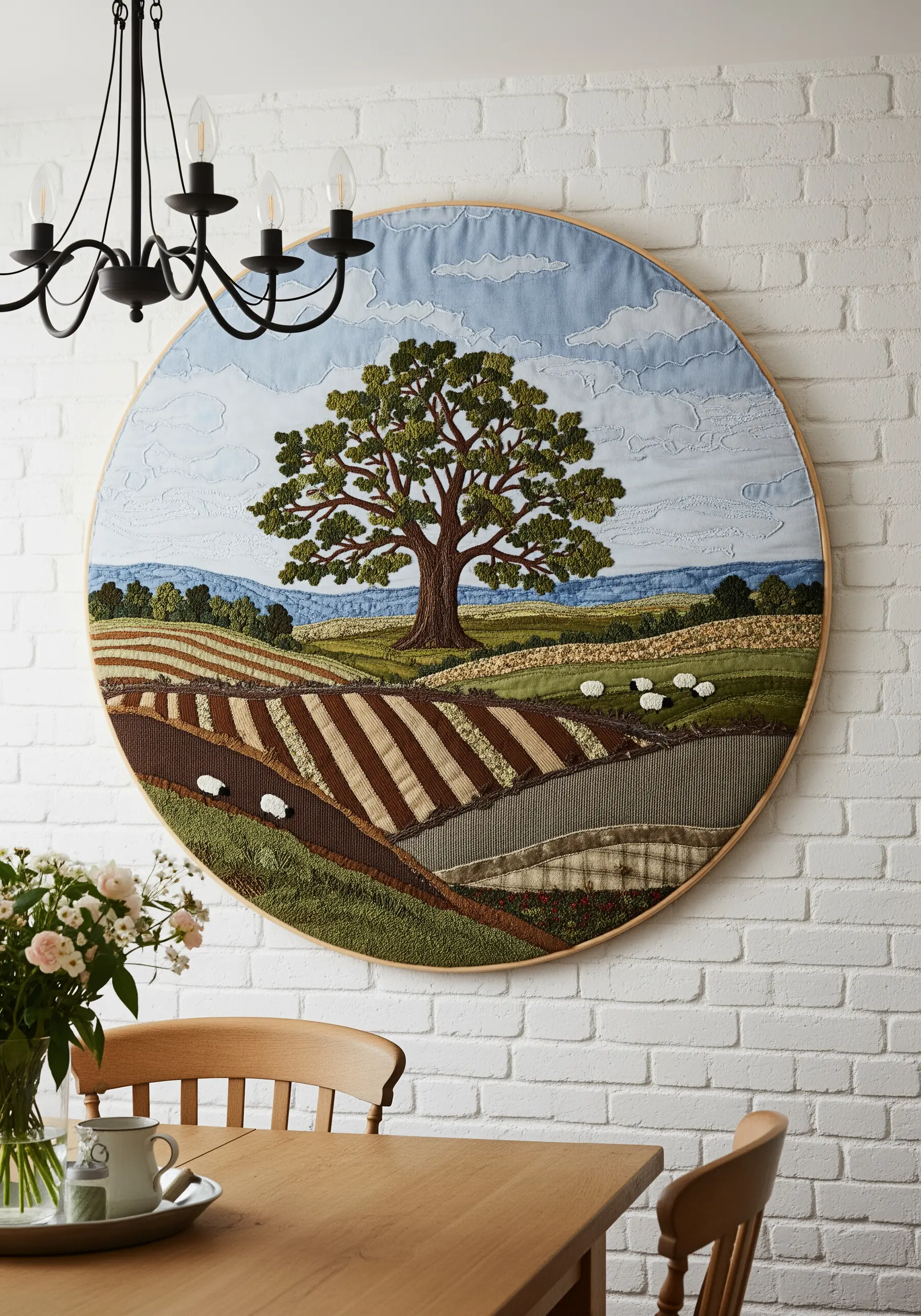 A large circular textile artwork of a tree in a patchwork landscape.