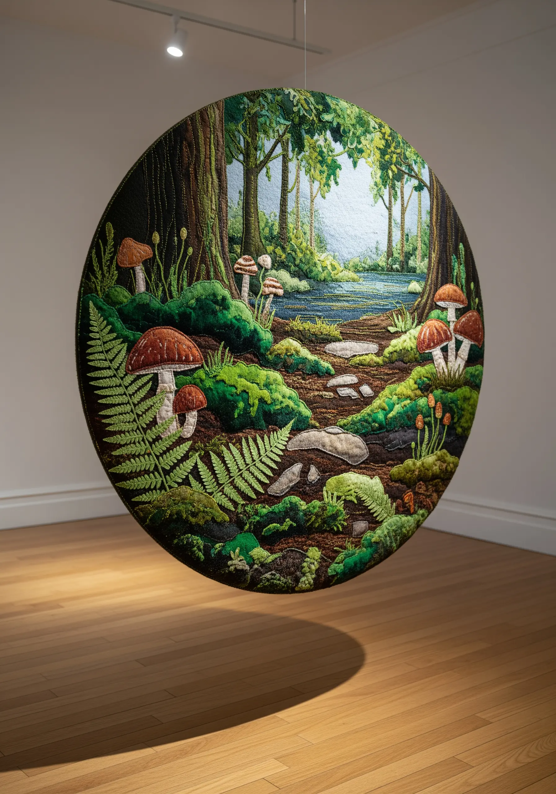 Large, circular textile art piece depicting a detailed forest scene with layered textures.