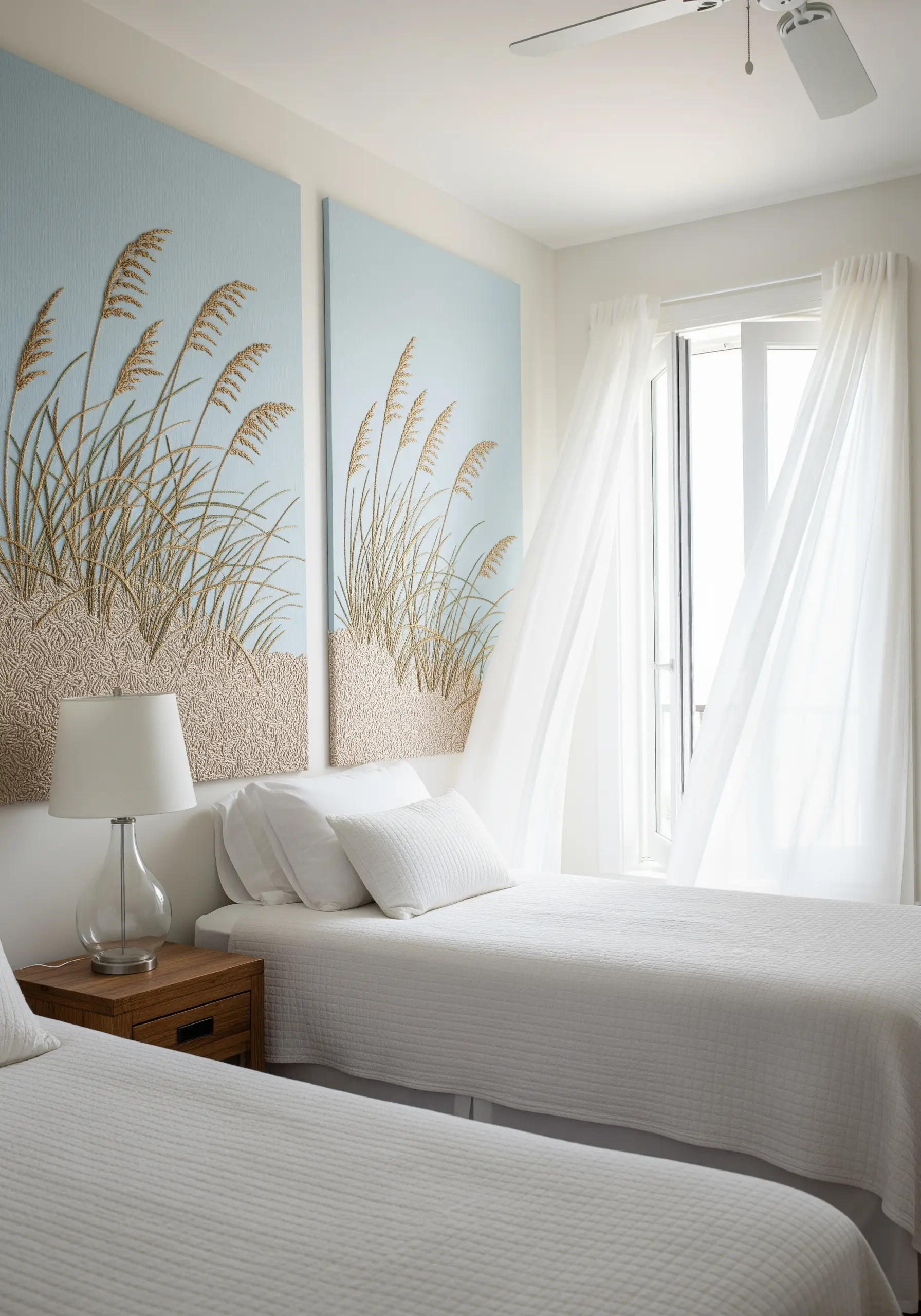 Embroidered beach scene with textured sand and layered sea oats.