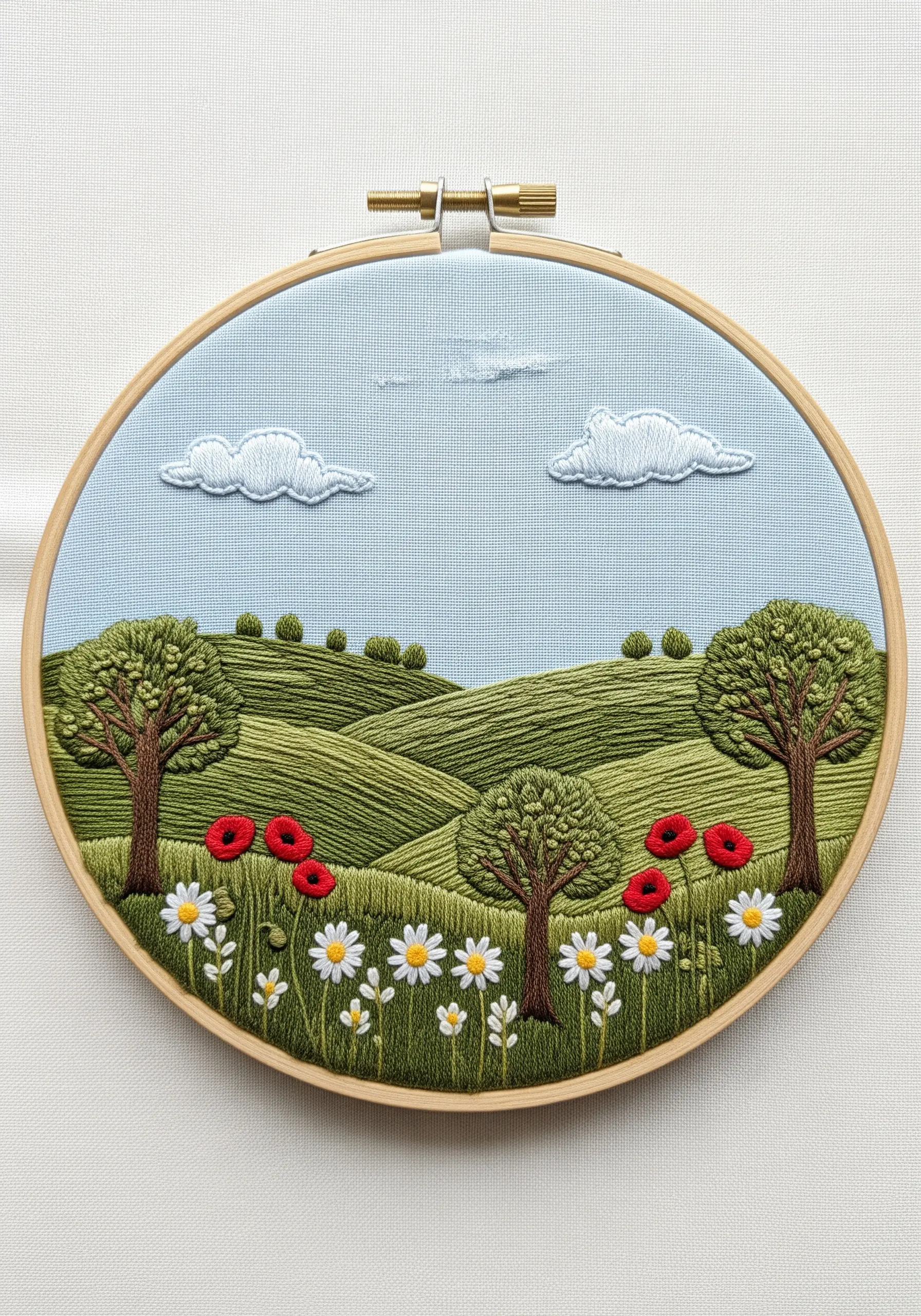 An embroidered landscape with rolling green hills, textured trees, and a field of flowers.