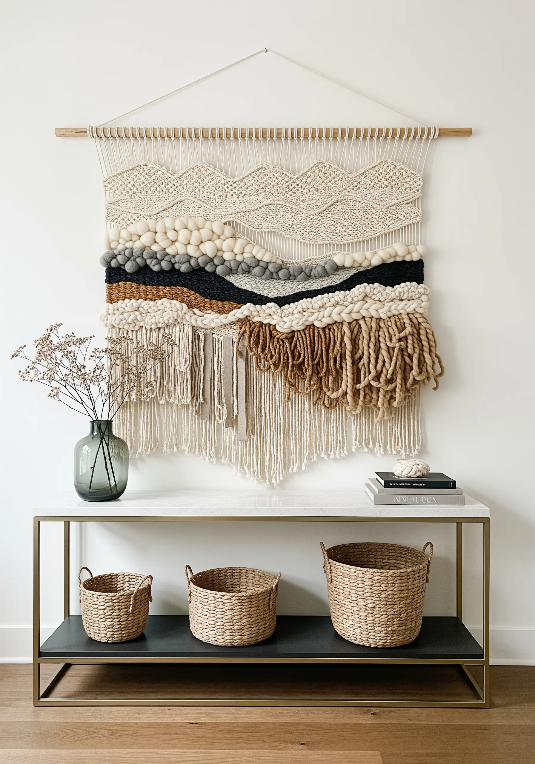 Large woven wall hanging with varied textures depicting an abstract landscape.