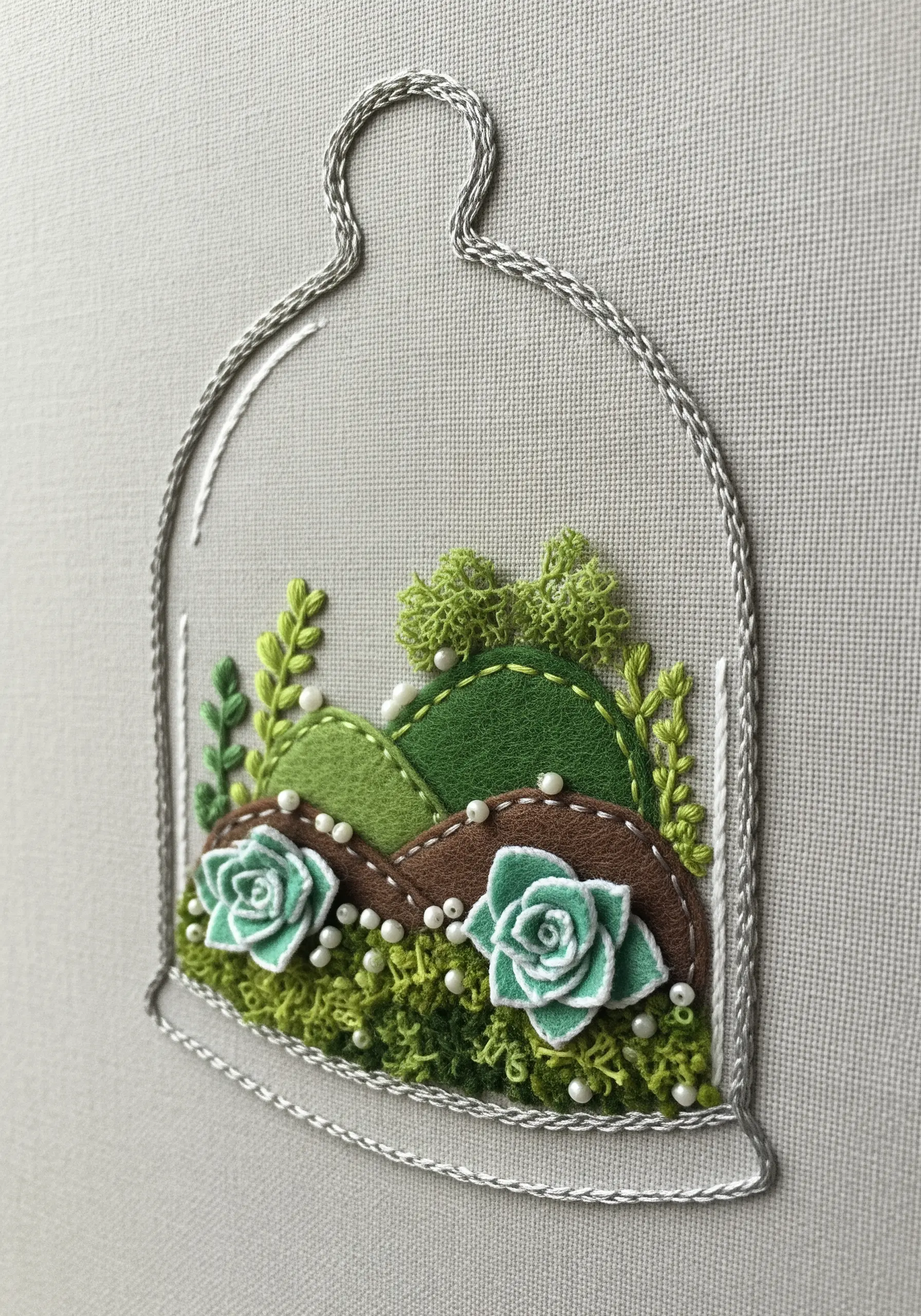 An embroidered terrarium using layered felt, rolled felt succulents, textured yarn, and pearl beads.