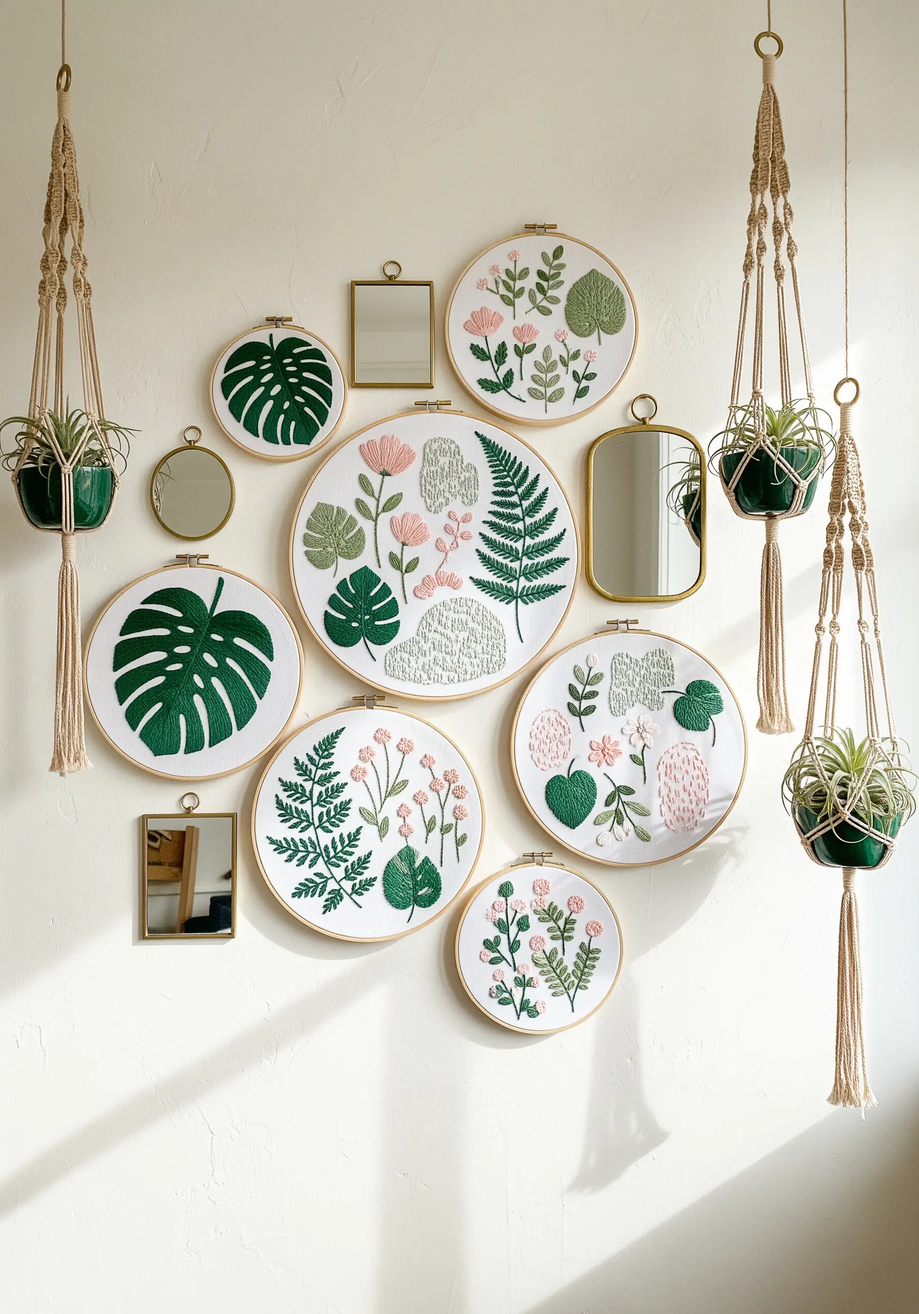 A gallery wall of botanical embroidery hoops mixed with small mirrors and macrame plant hangers.