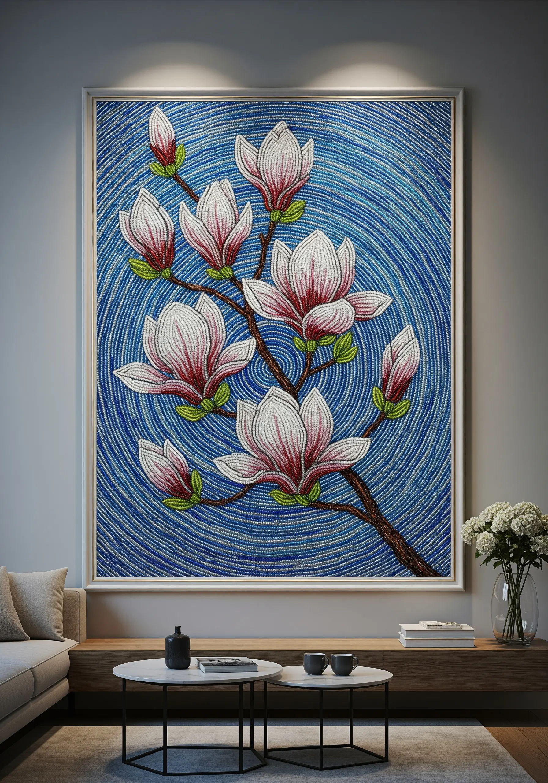 A large framed artwork of magnolias with a shimmering, swirling background made of blue seed beads.