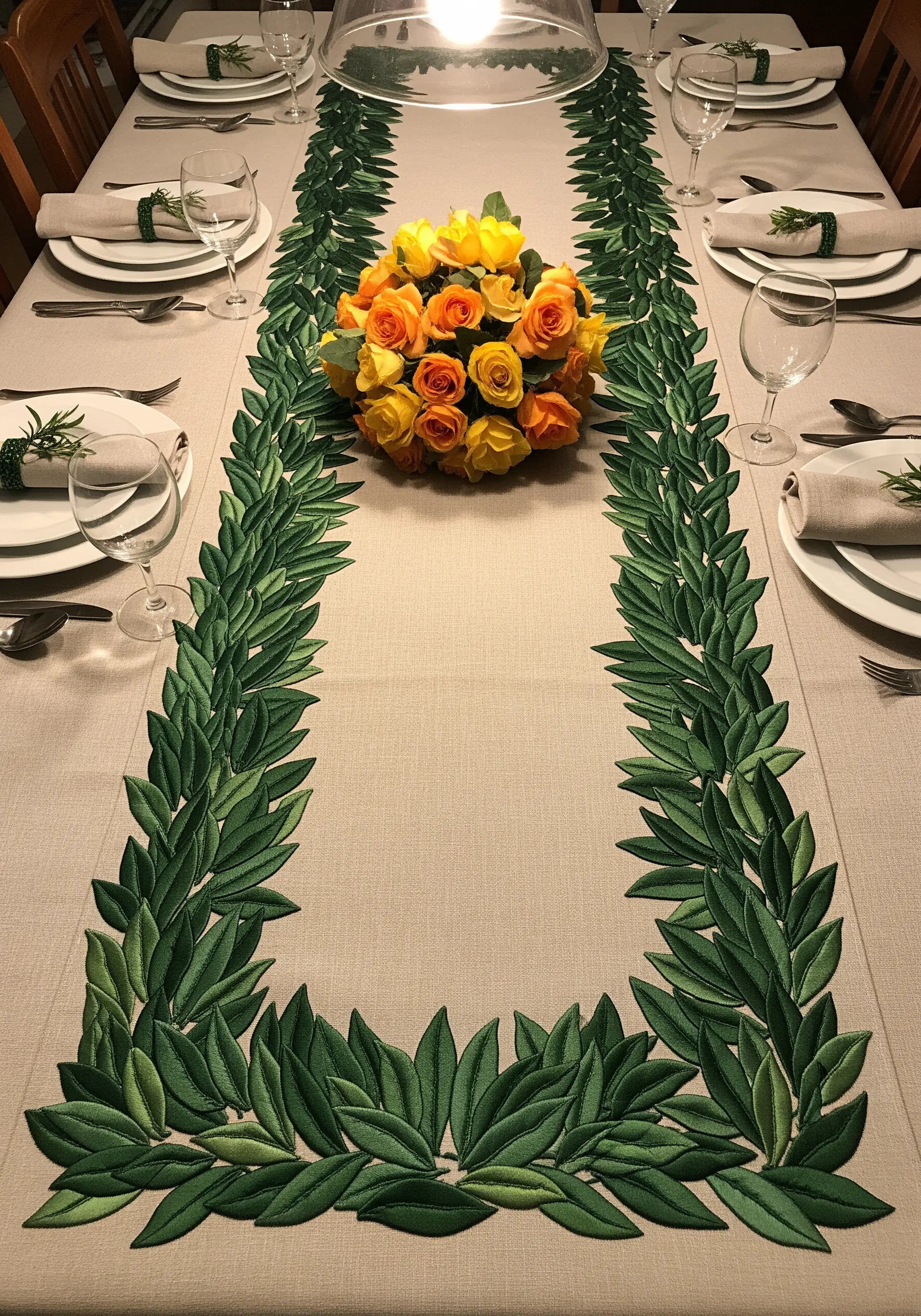 A dense, lush table runner border of overlapping embroidered laurel leaves in dark green.