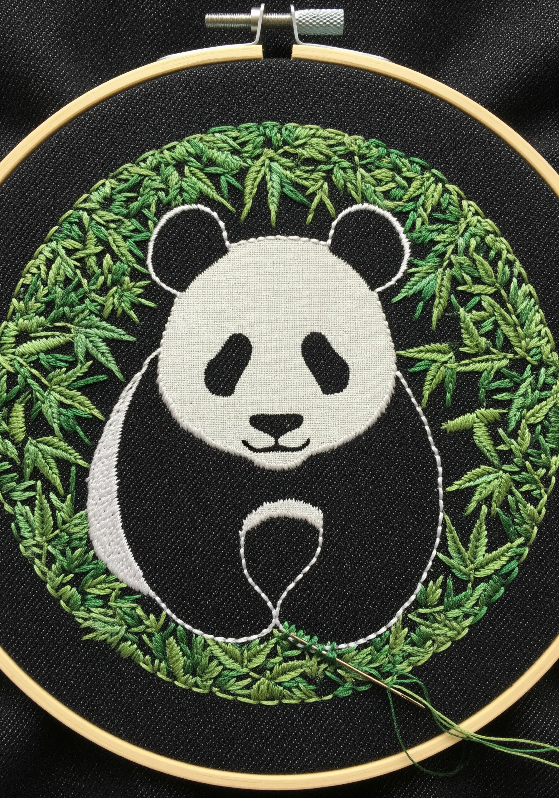 A simple panda design in a hoop, framed by a densely stitched, multi-toned green leaf wreath.