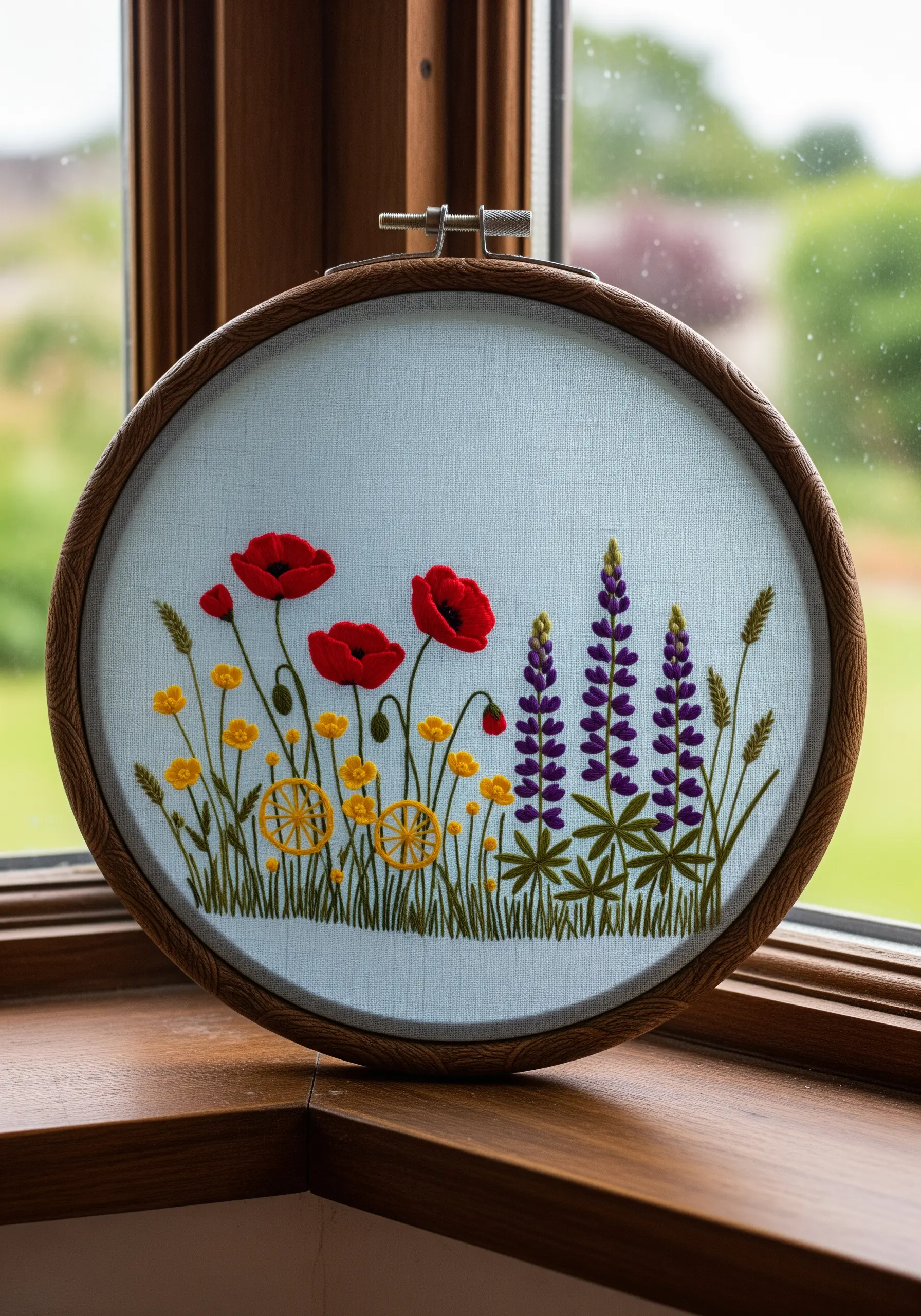 A vibrant wildflower scene in an embroidery hoop with poppies, lupines, and buttercups.