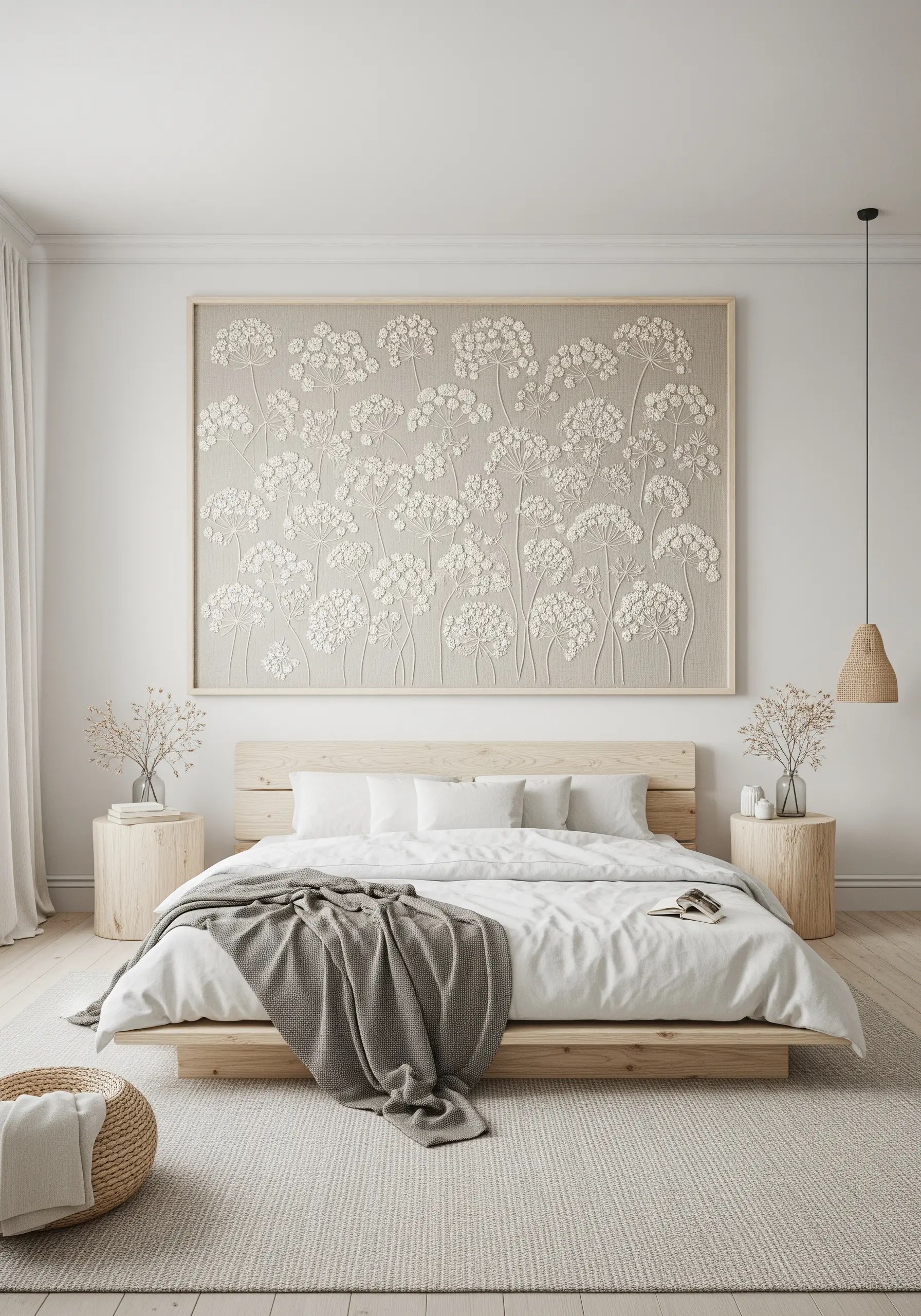 Large-scale framed textile art with textured, cream-colored floral embroidery.