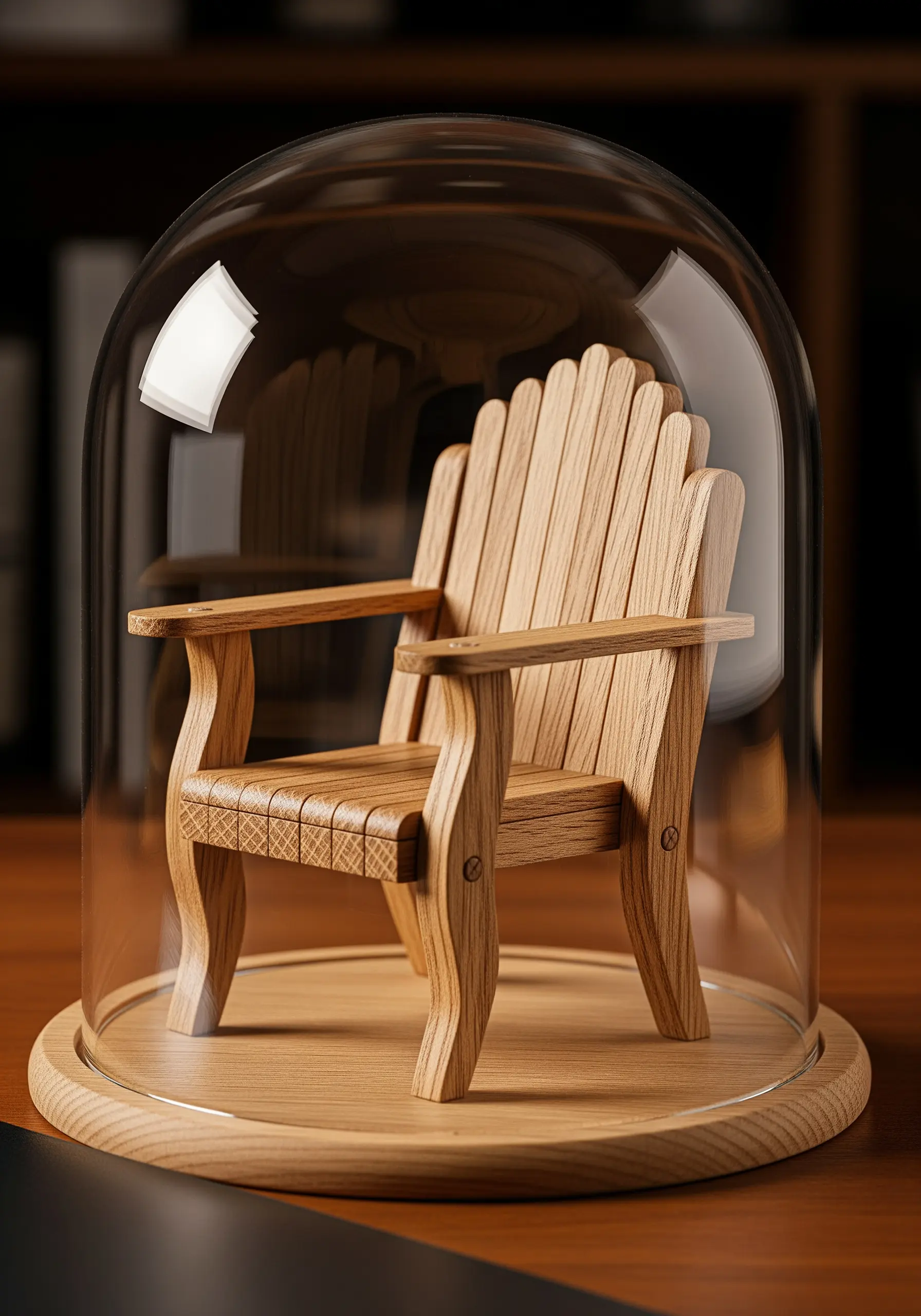 A perfectly crafted, realistic miniature wooden Adirondack chair made from popsicle sticks.