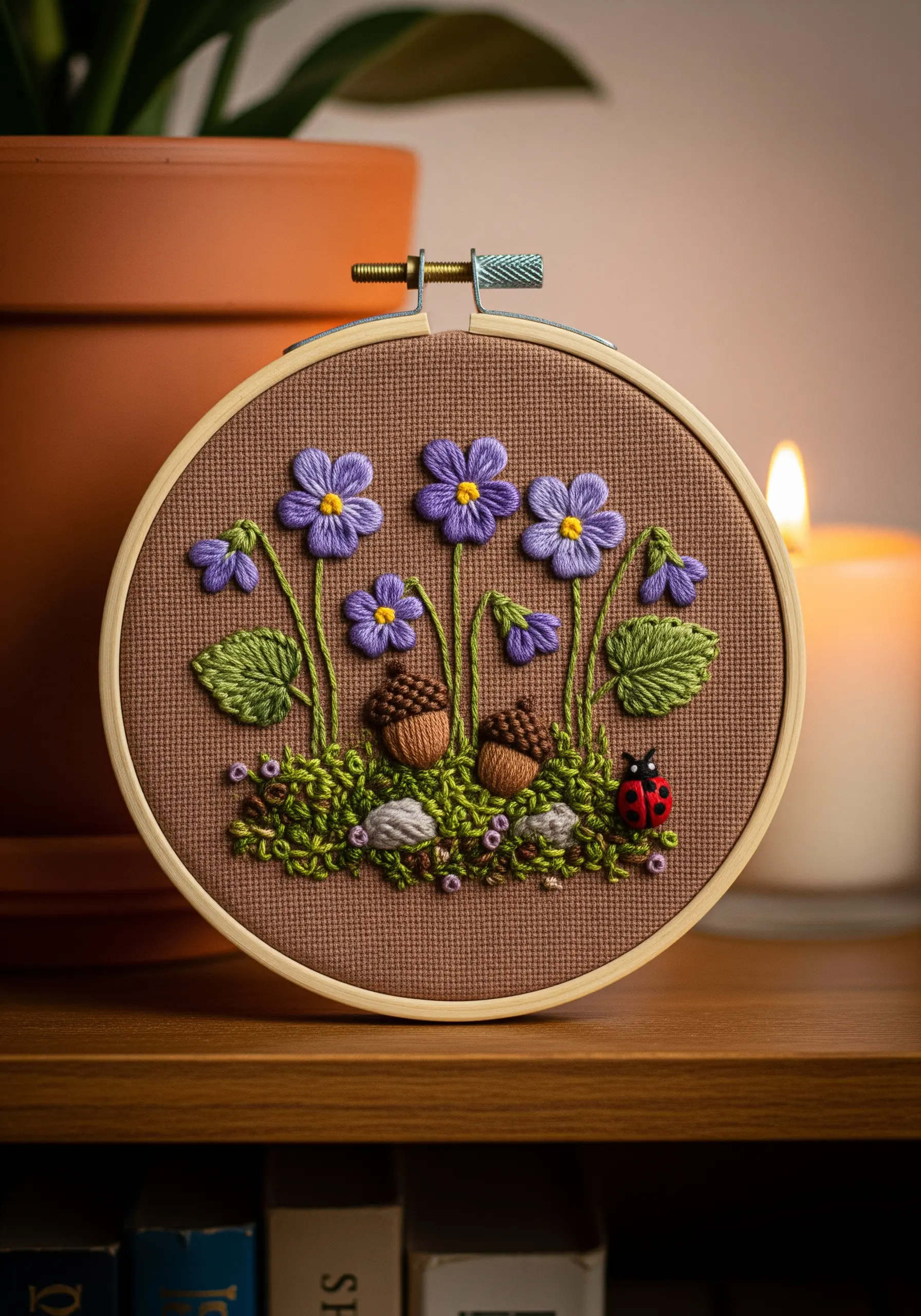 A small embroidery hoop depicting a woodland scene with violets, acorns, and a ladybug.
