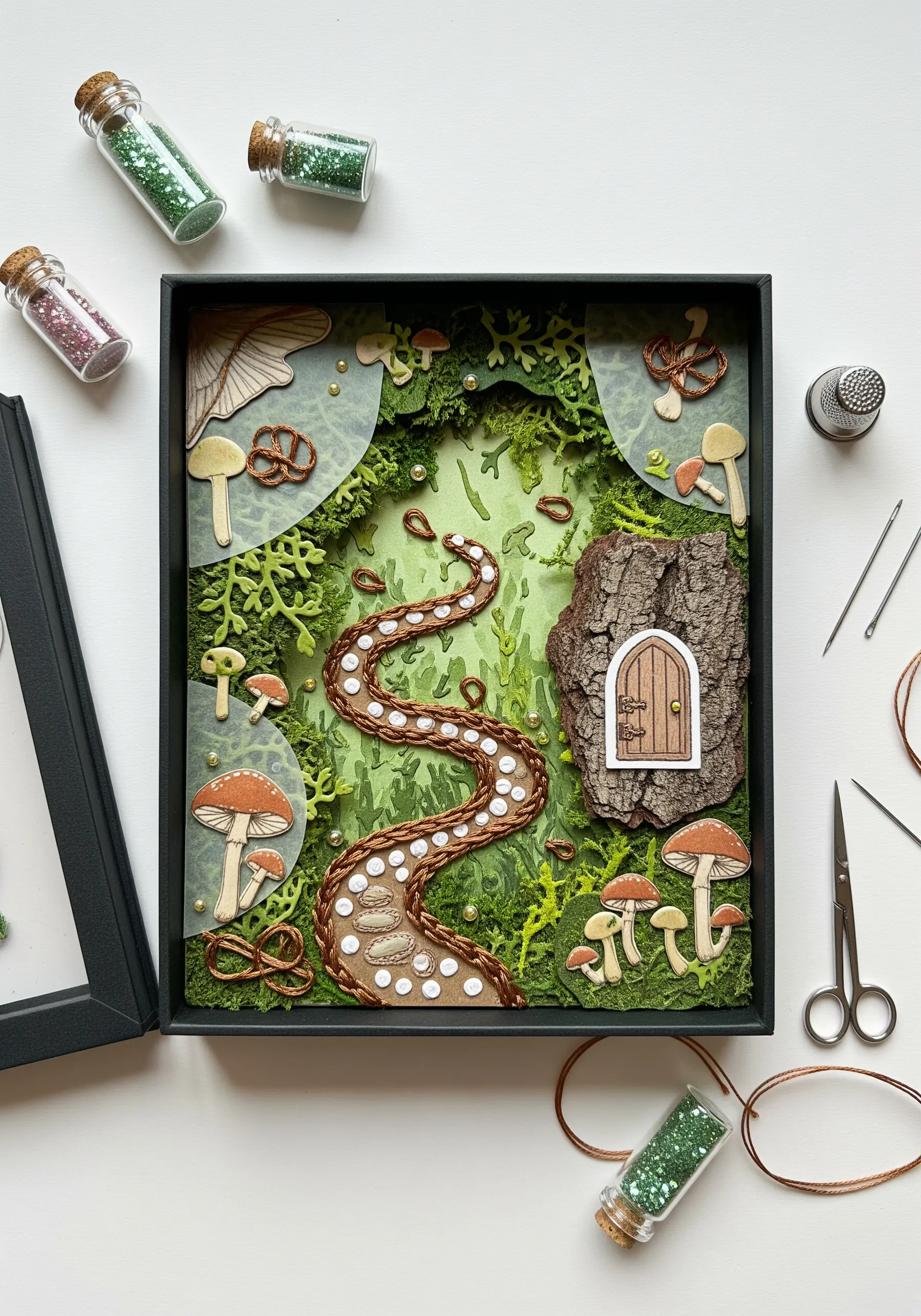 A 3D shadow box diorama of a magical forest path made from layered paper and embroidery.