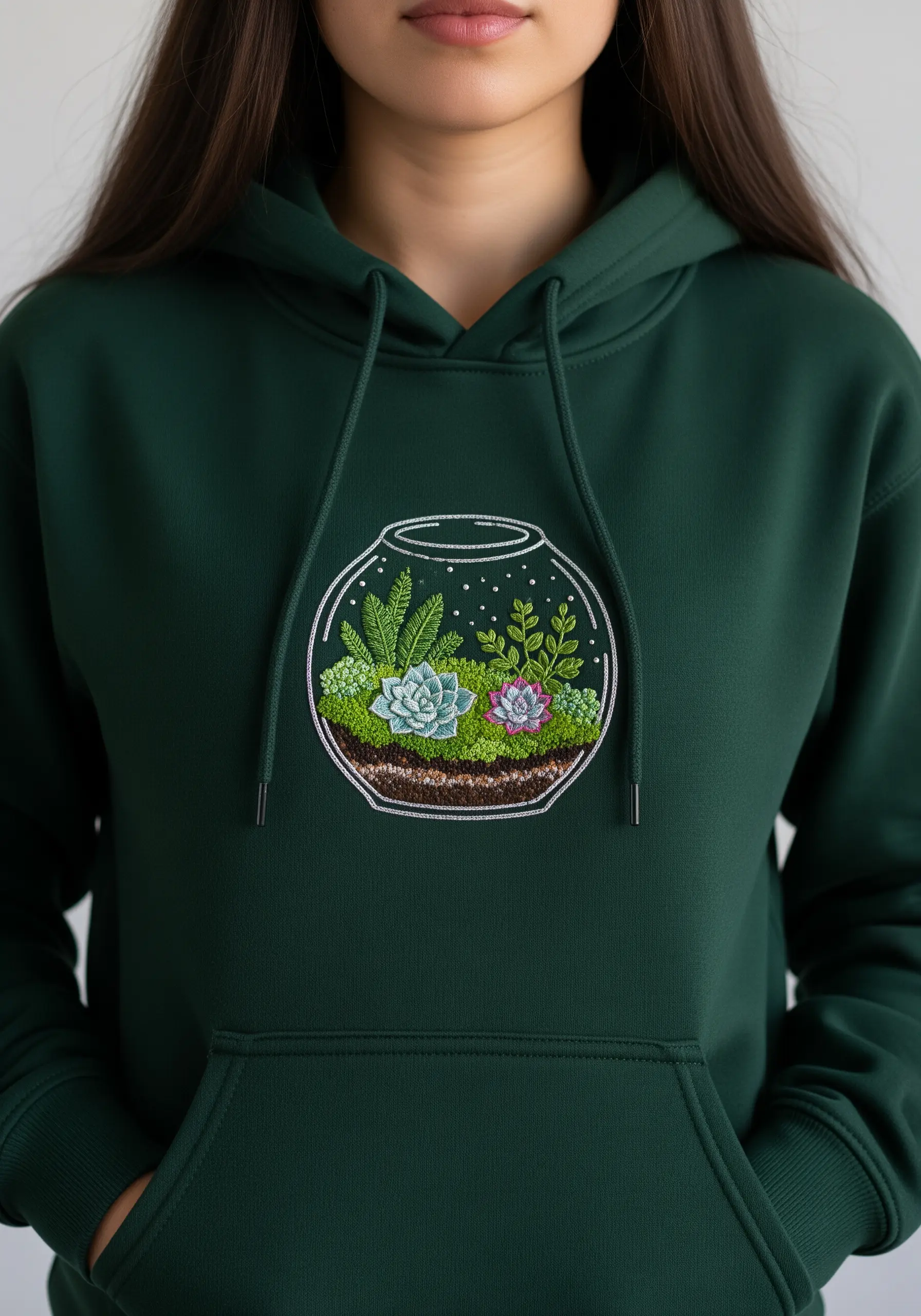 An embroidered terrarium with tiny succulents and ferns on a dark green hoodie.