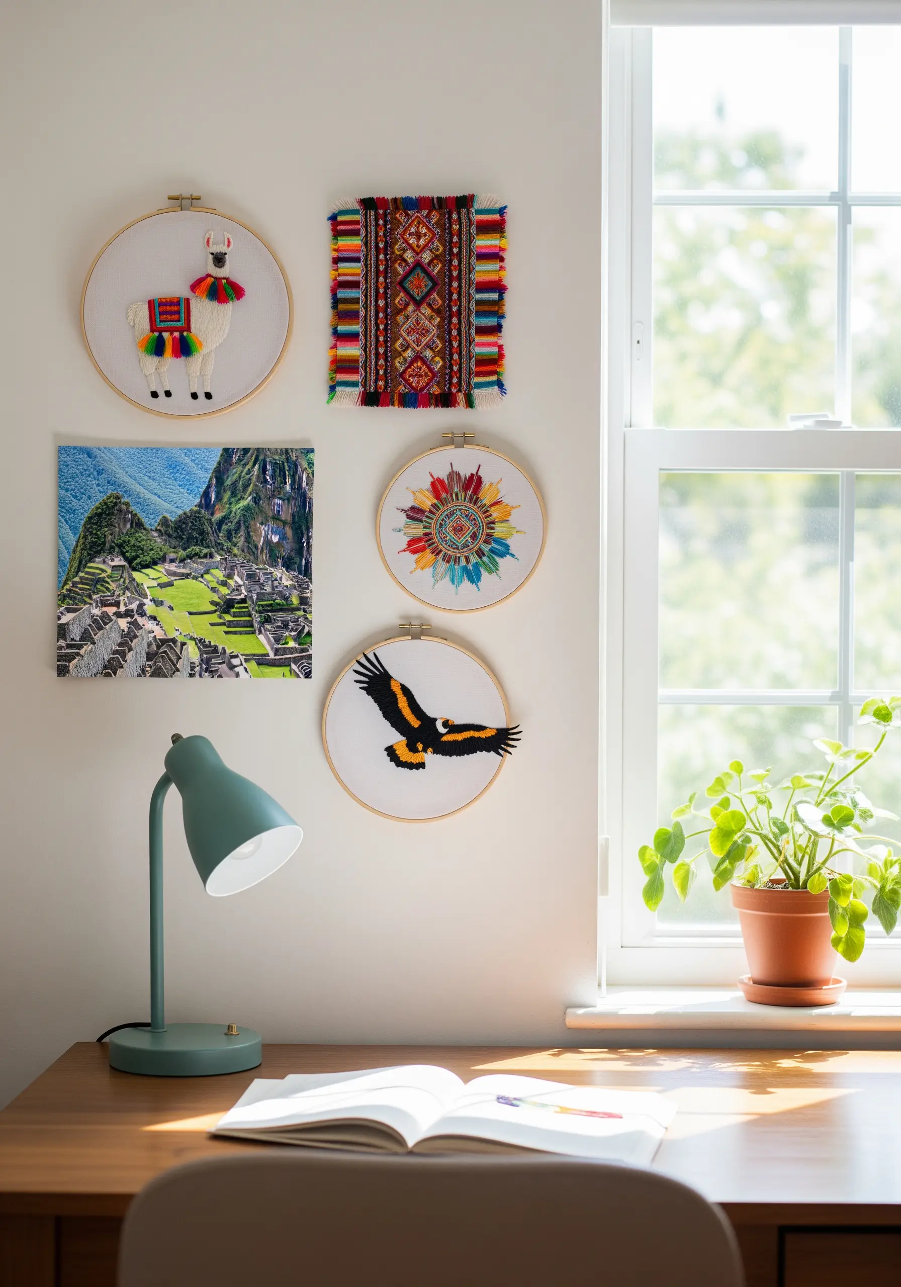 A mixed-media wall display with Peruvian-themed embroidery, a photograph, and a woven textile.