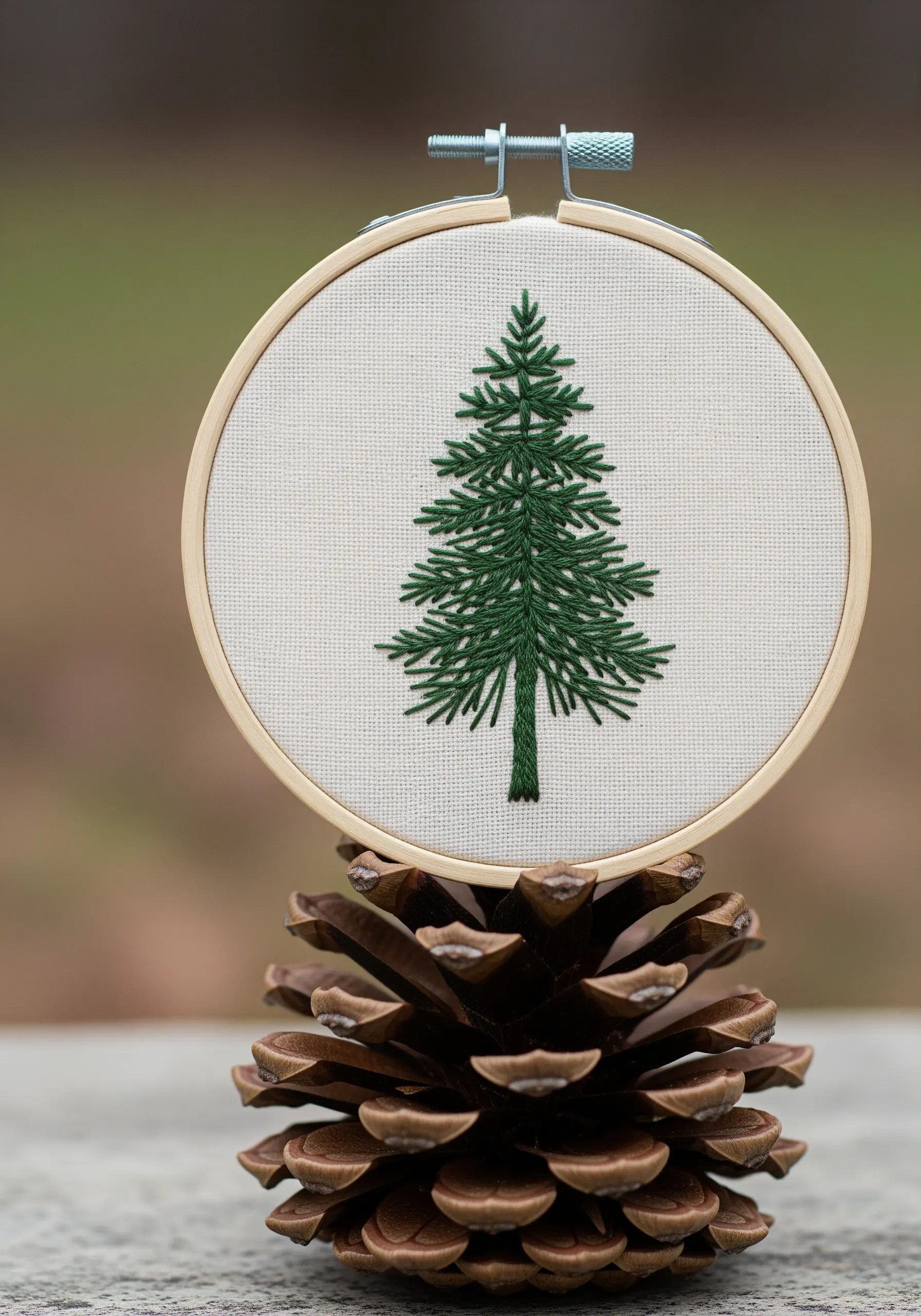 A dark green pine tree embroidered with layered stitches on a light-colored fabric.