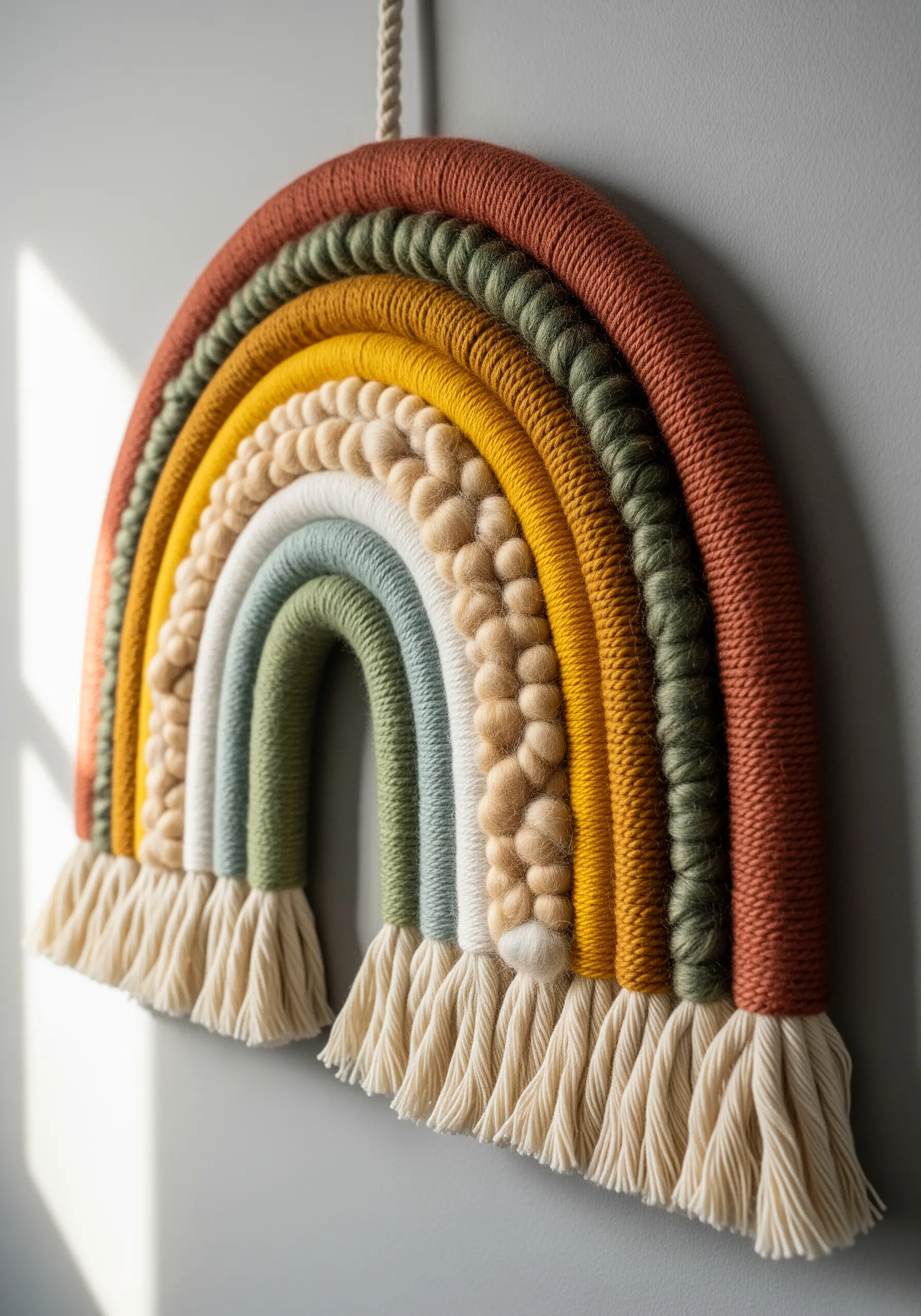 A rainbow wall hanging where each colored arch has a different yarn texture.