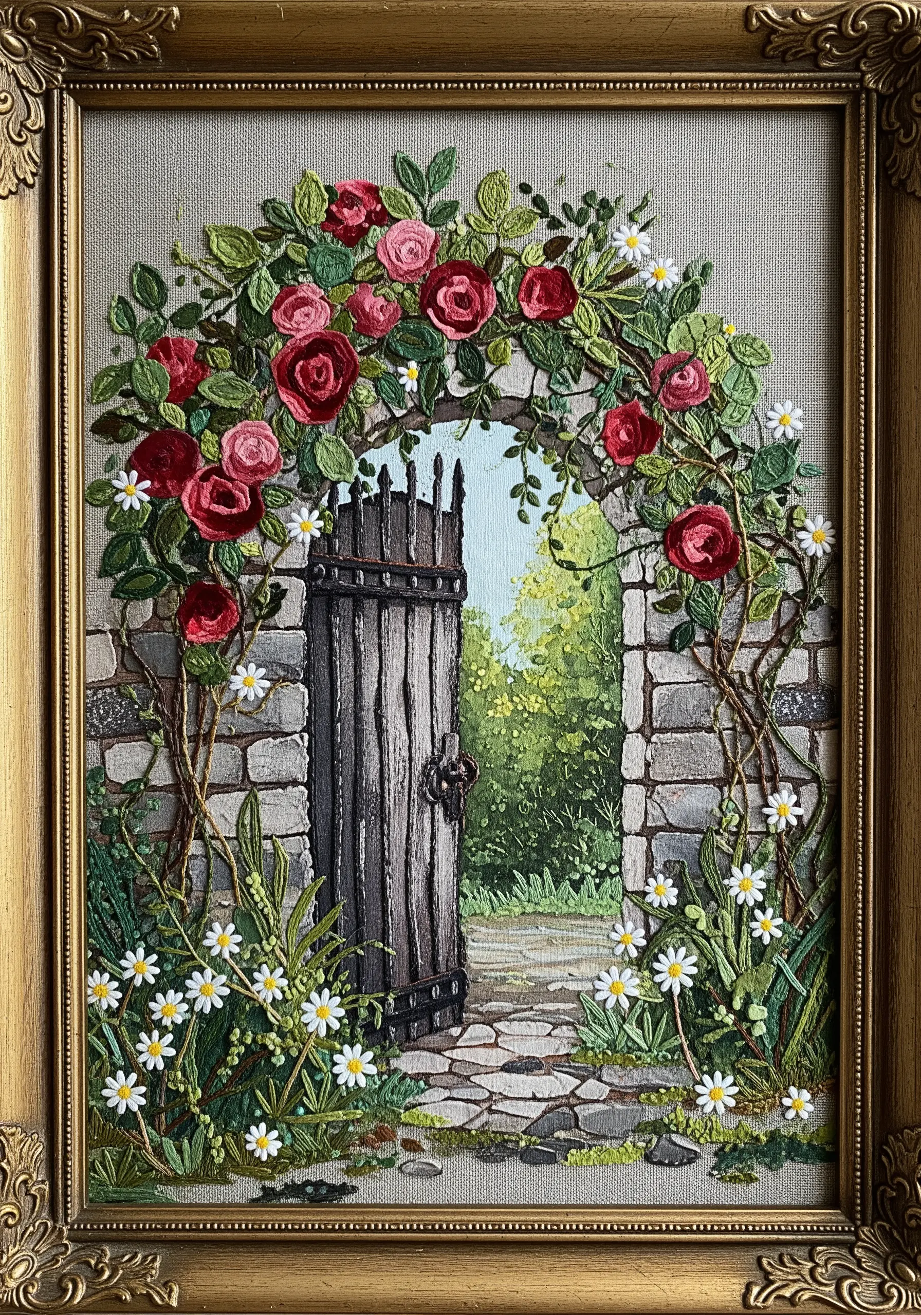 Embroidered garden gate with dimensional ribbon roses and textured fabric collage stonework.