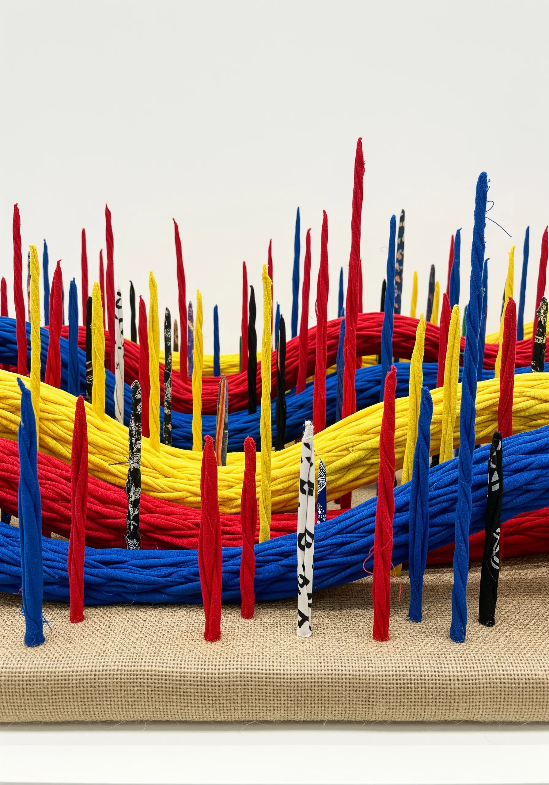 A 3D textile piece with colorful fabric-wrapped rods of varying heights creating a dense field.