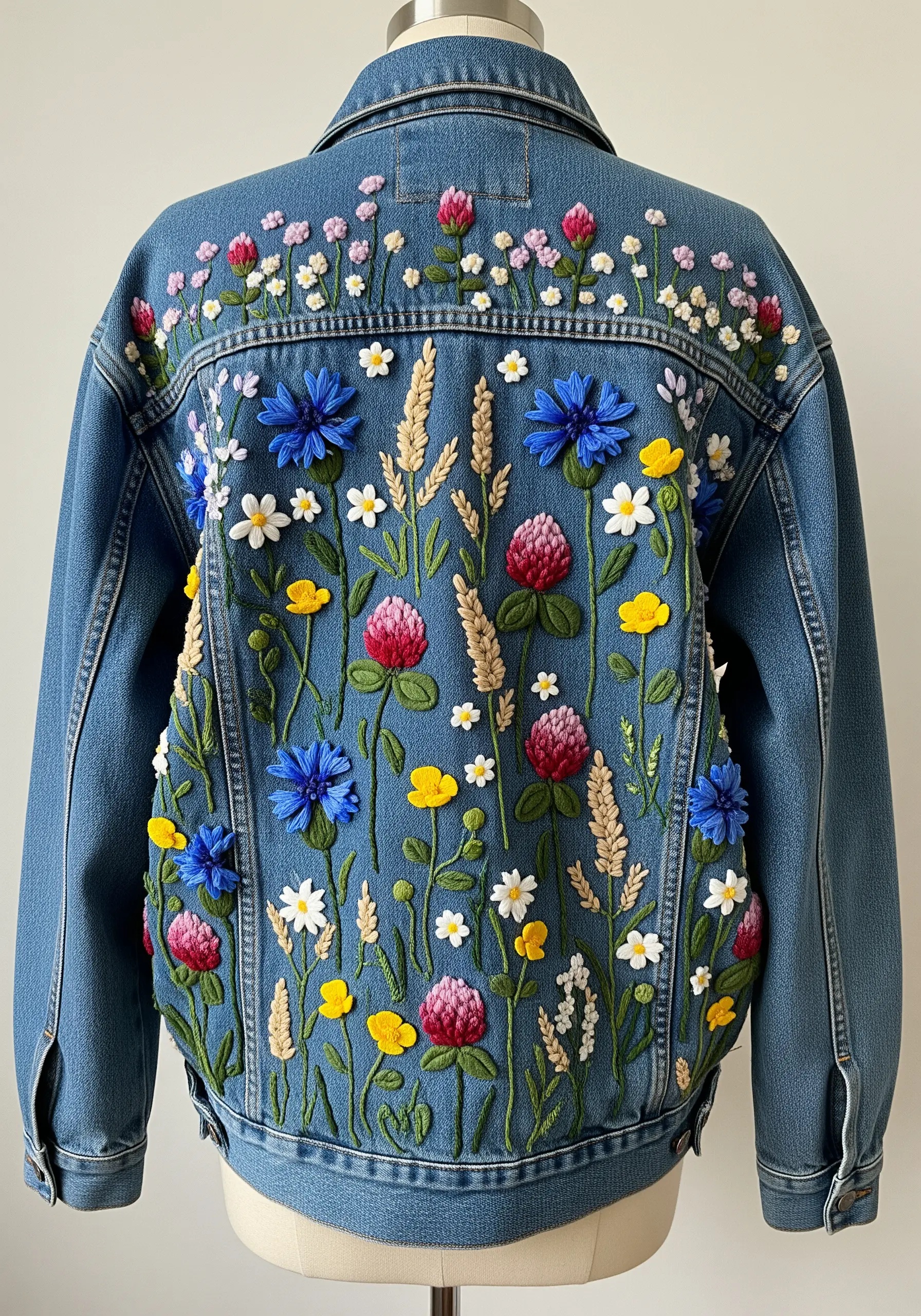 Multi-colored, three-dimensional wildflower embroidery covering the back of a denim jacket.