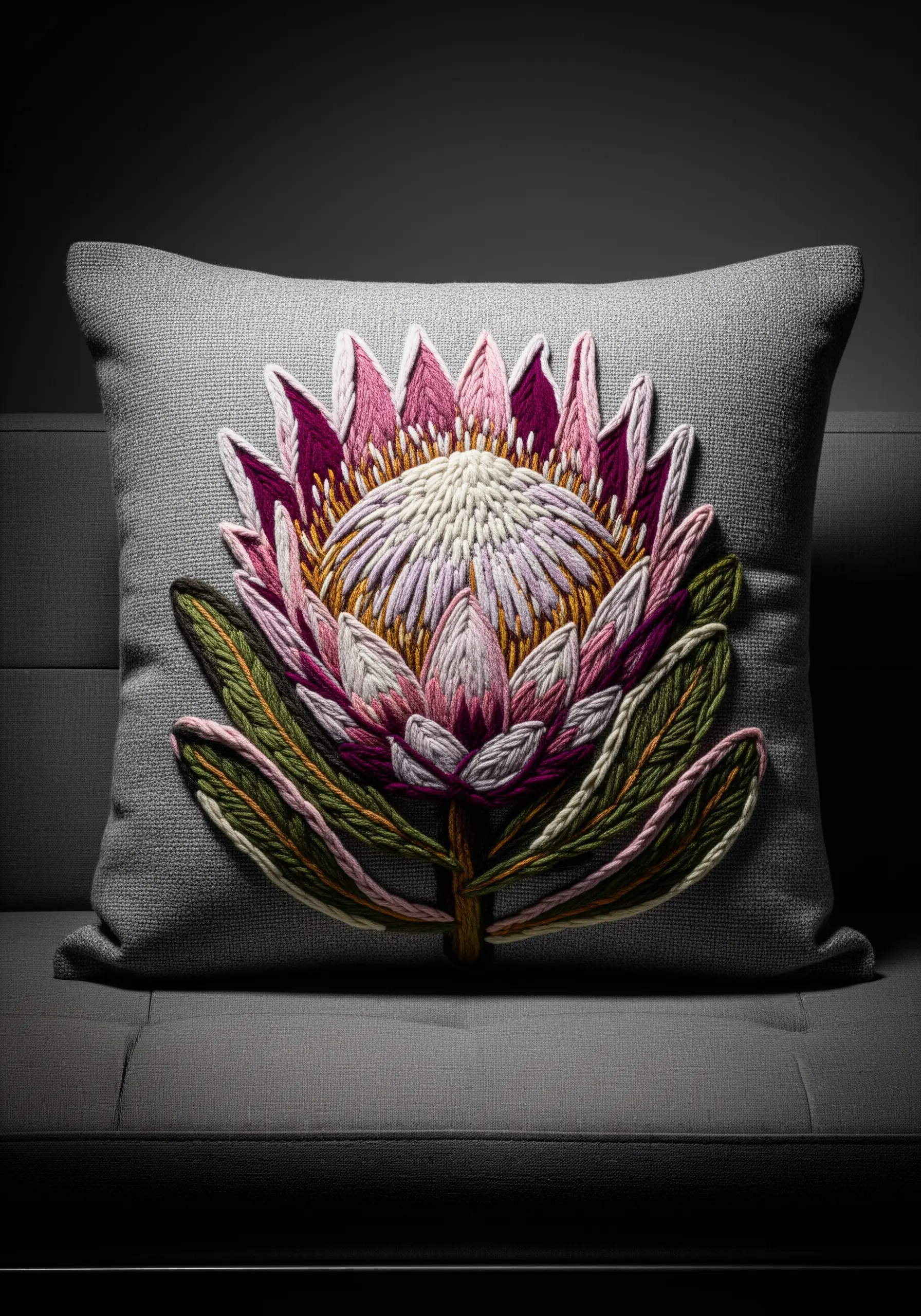 Highly textured and dimensional protea flower embroidered on a gray tweed pillow.