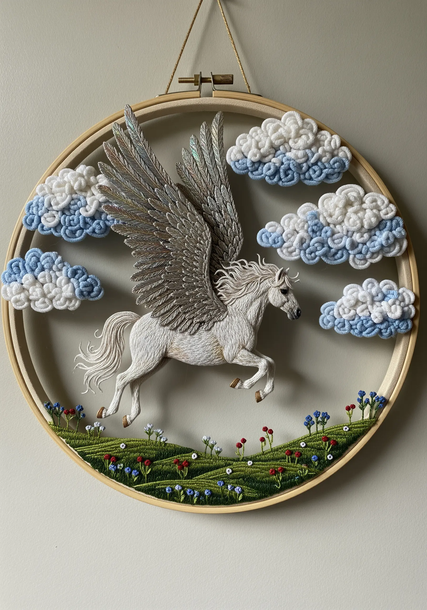 3D Pegasus embroidery with stumpwork wings and textured yarn clouds in a hoop.
