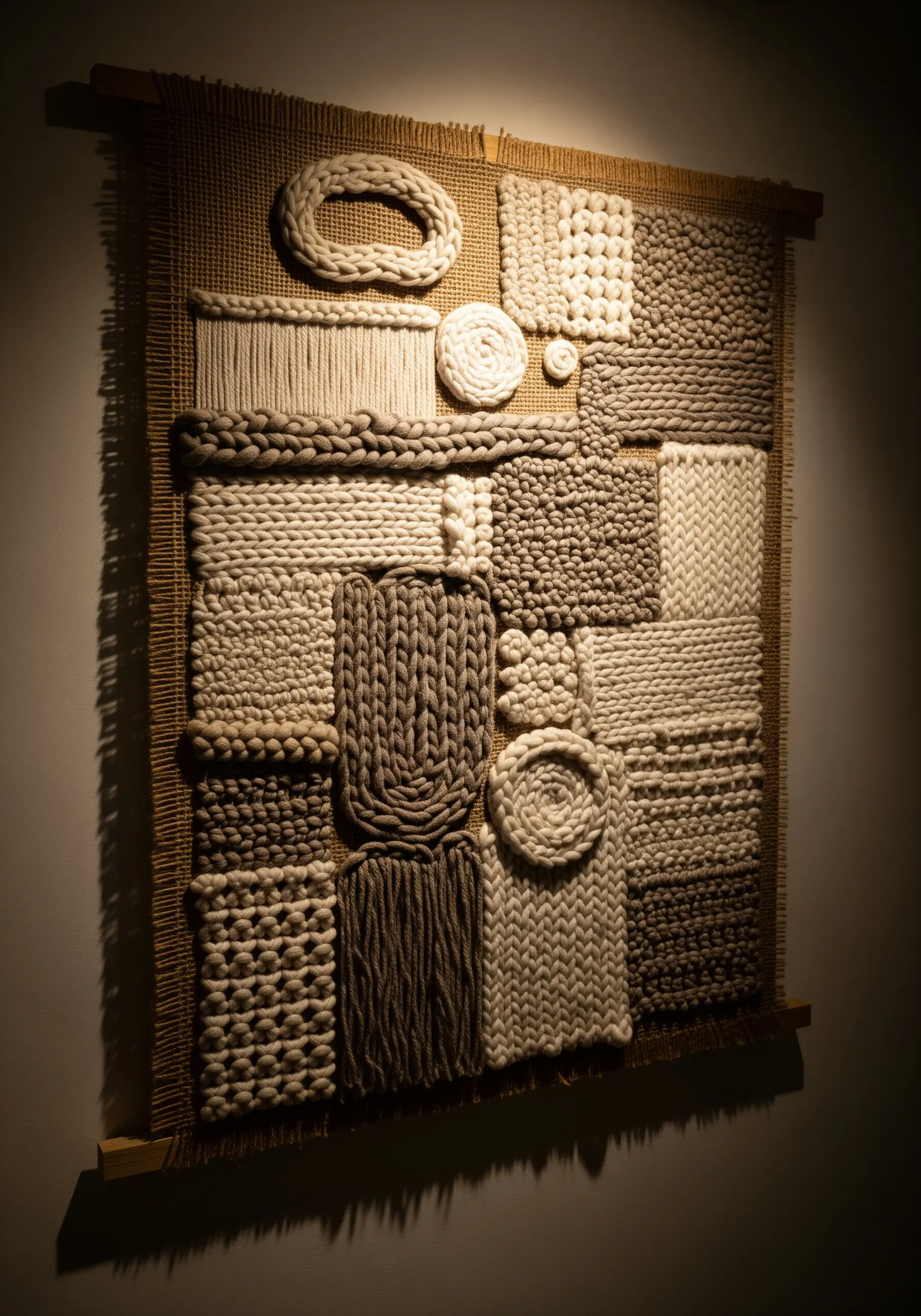 A textural, woven wall hanging in neutral tones with various braids, knots, and loops.