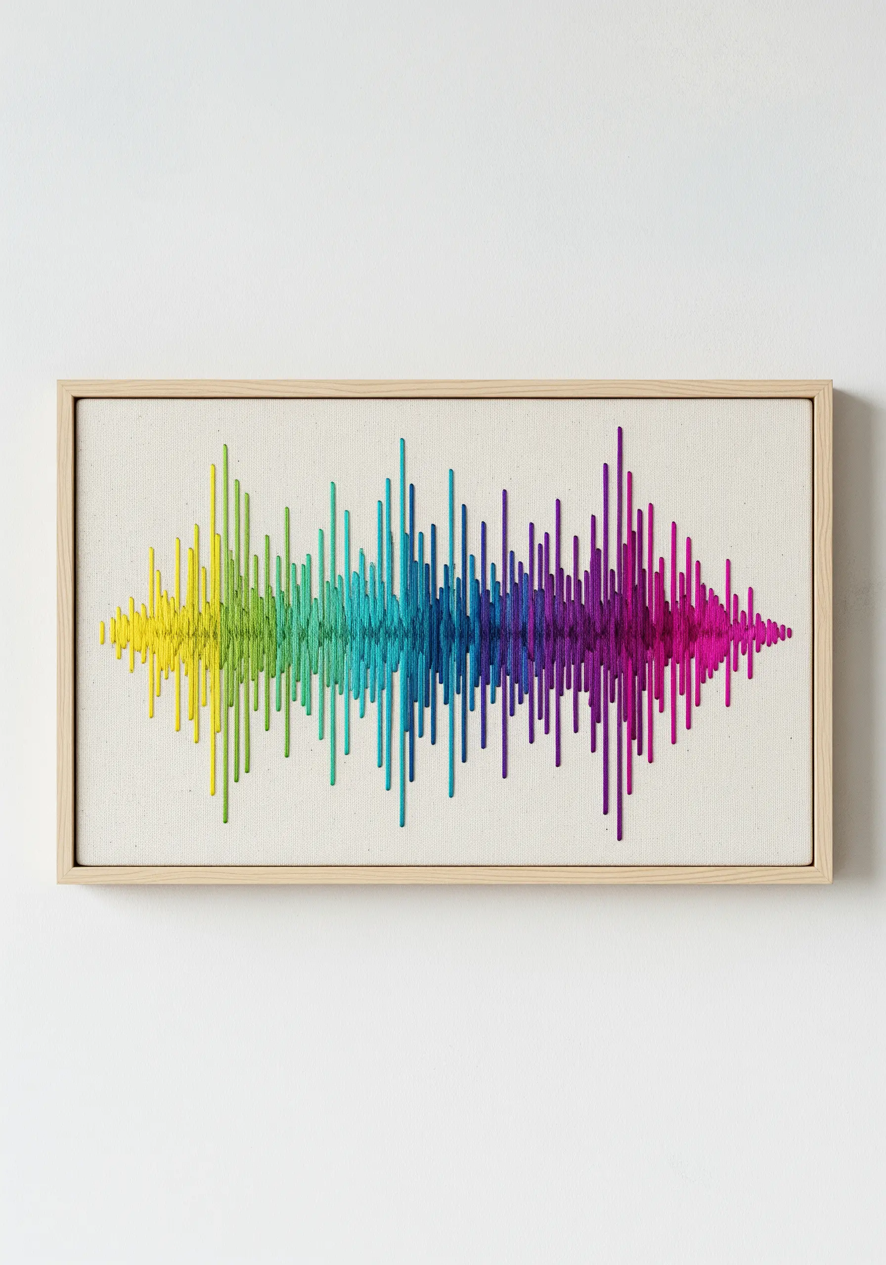A framed embroidery of a colorful sound wave with a rainbow gradient on white canvas.