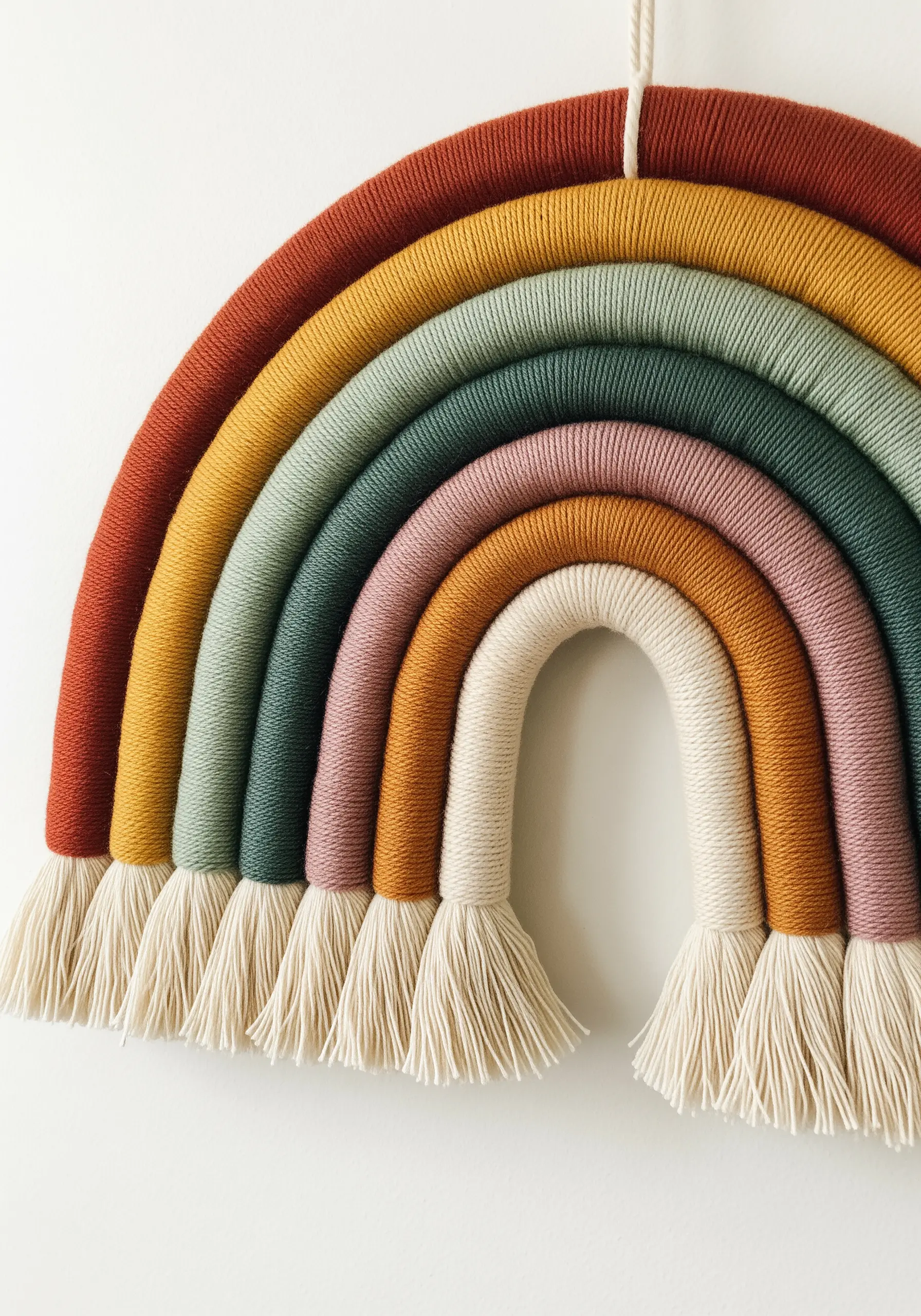 A modern macrame rainbow made with yarn wrapped around rope in earthy, muted tones.