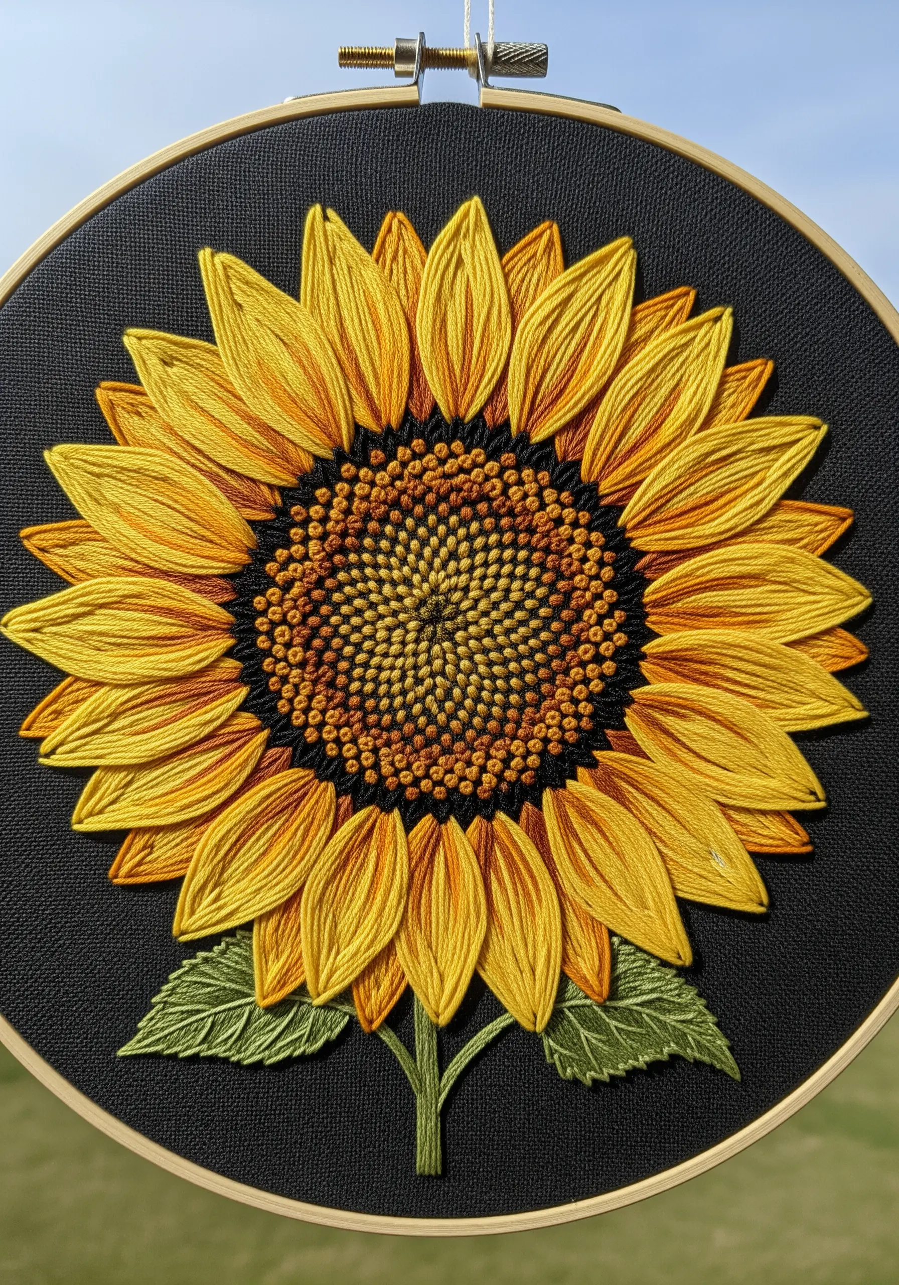 A large, detailed sunflower with a French knot center on black fabric.