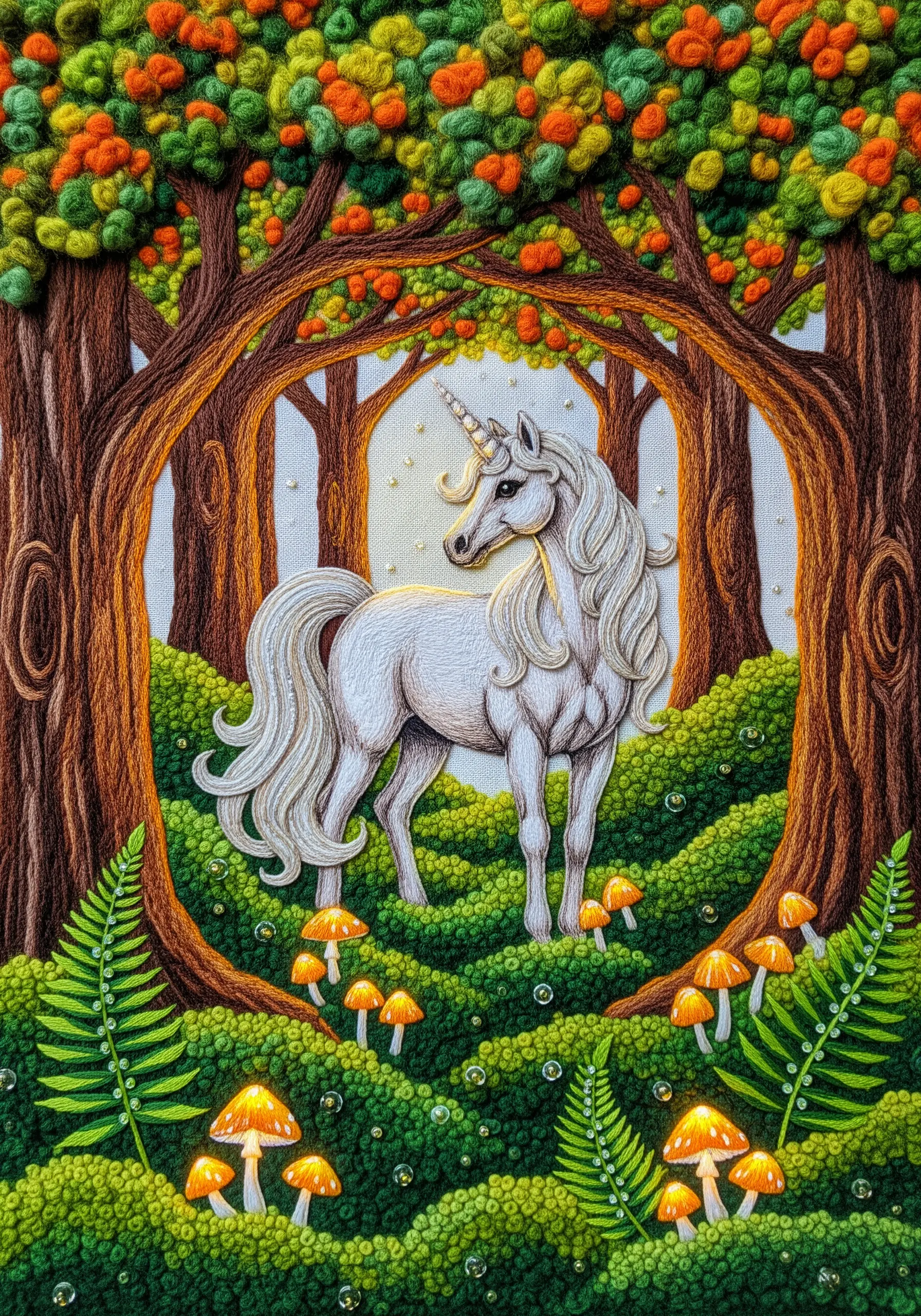 A white unicorn in a densely embroidered forest full of textured stitches and French knots.