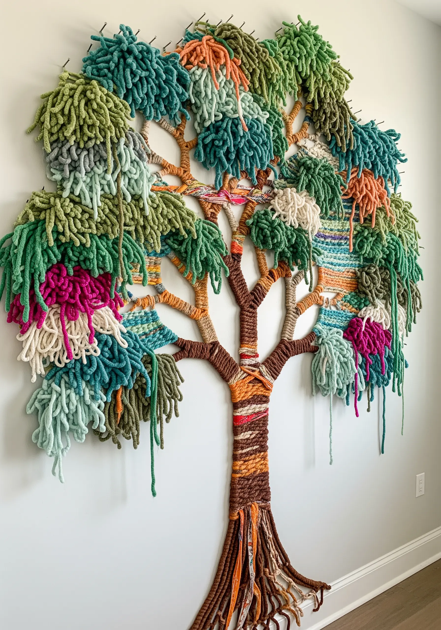 A large wall-mounted tree sculpture made of wrapped yarn branches and chunky, colorful yarn leaves.
