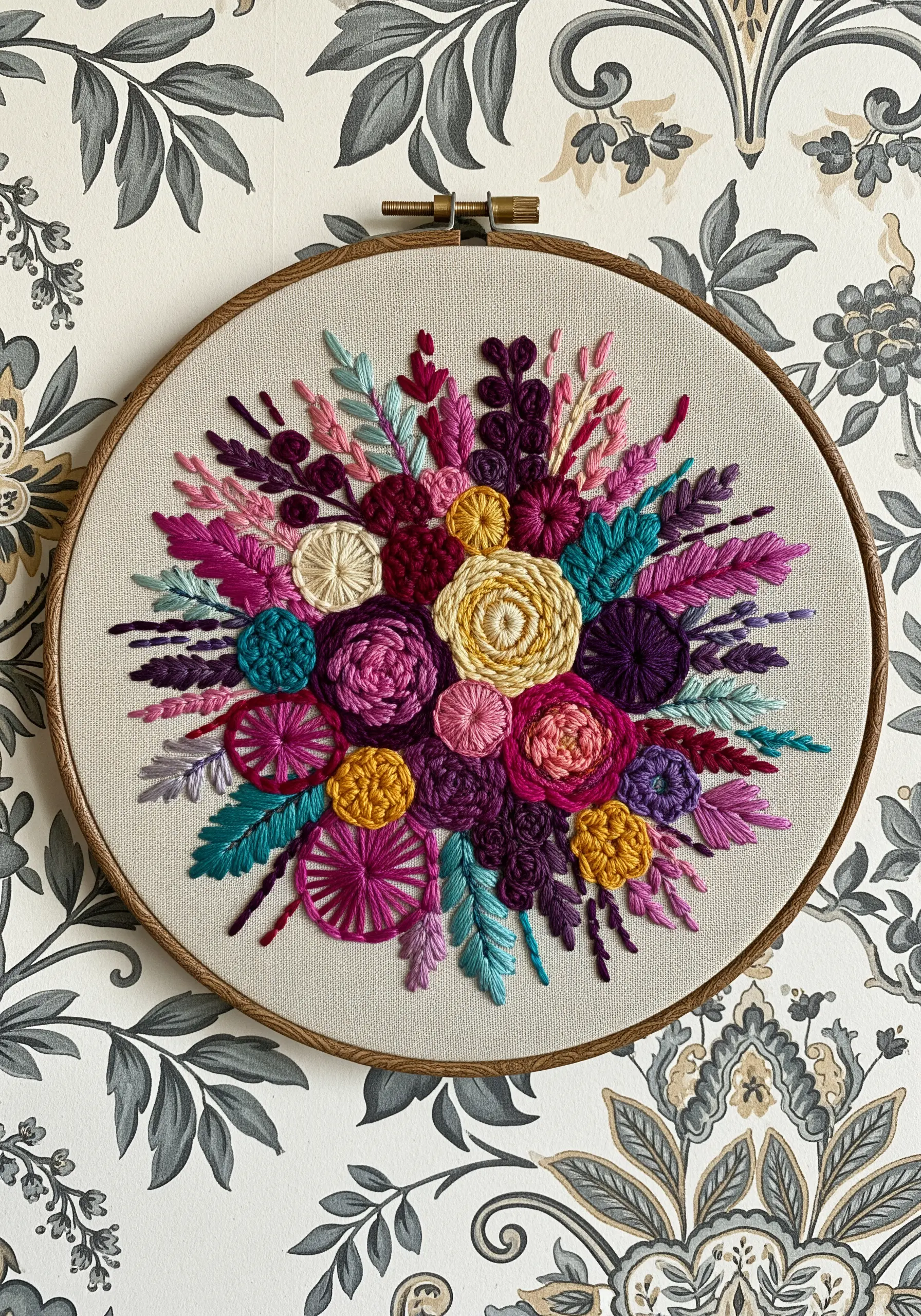 A vibrant floral embroidery hoop with a variety of stitches creating textured flowers and leaves.