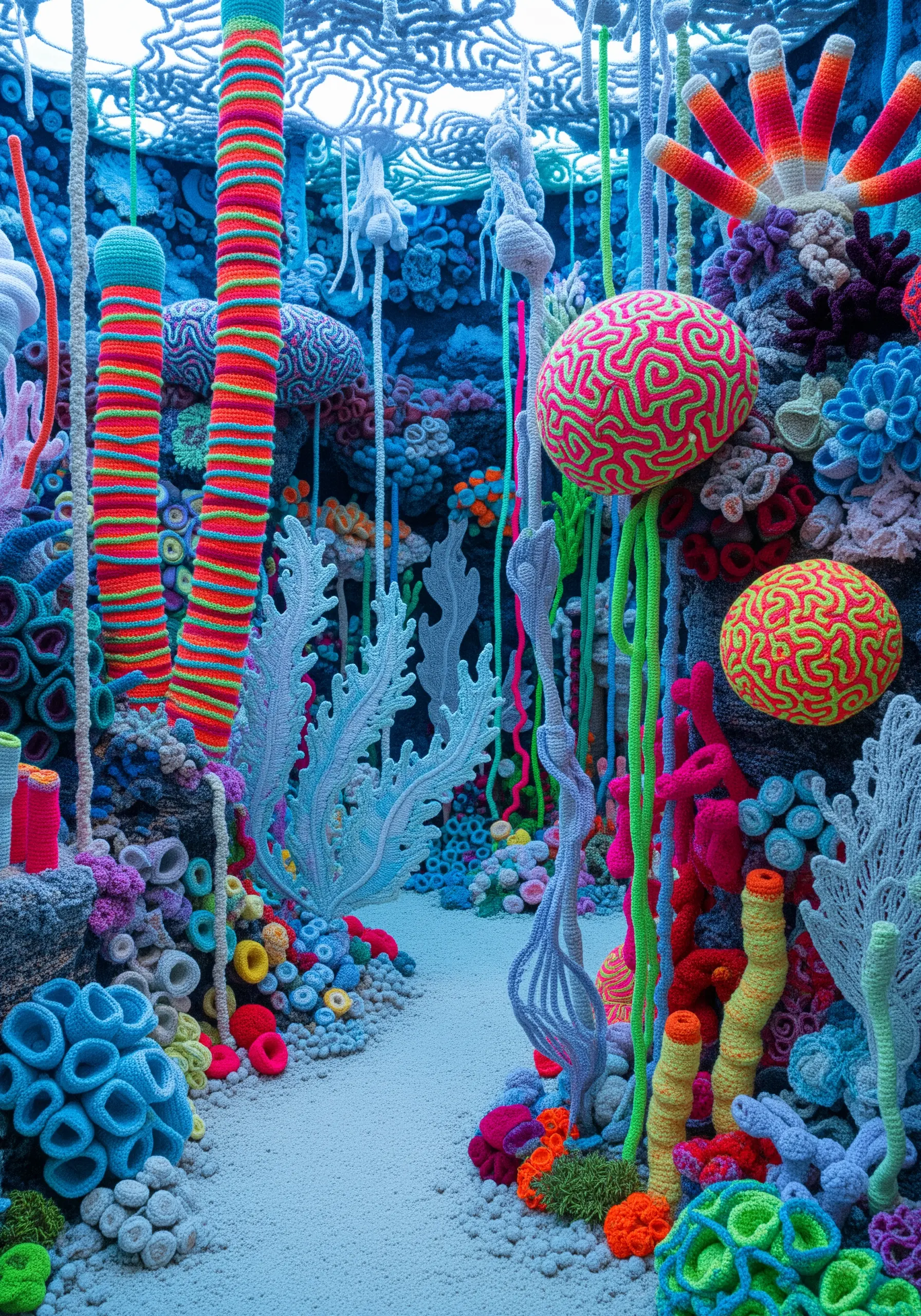 A vibrant, immersive crocheted coral reef with fluorescent and multicolored yarn textures.
