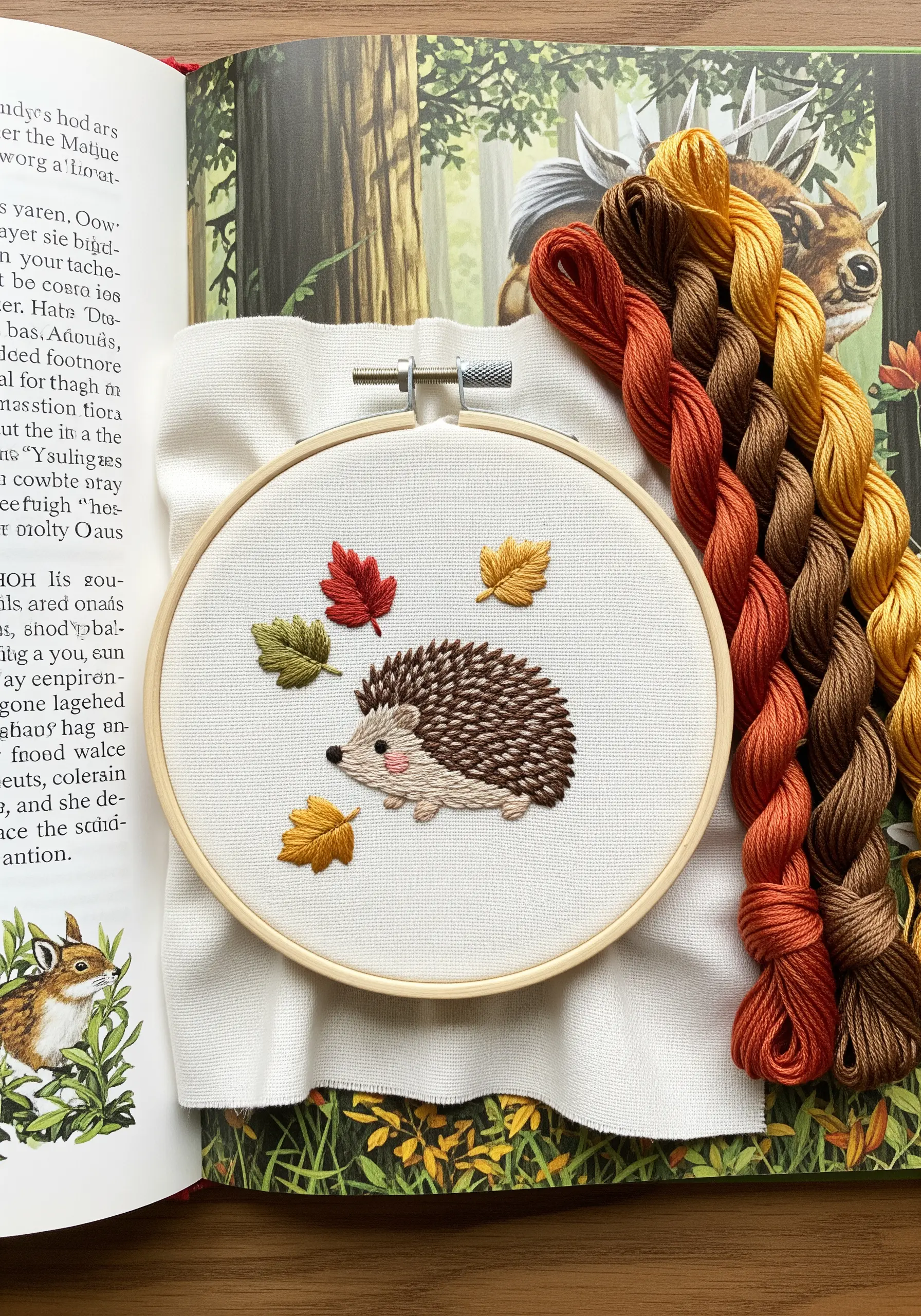 Embroidered hedgehog with layered straight stitches creating a textured, quill-like effect.